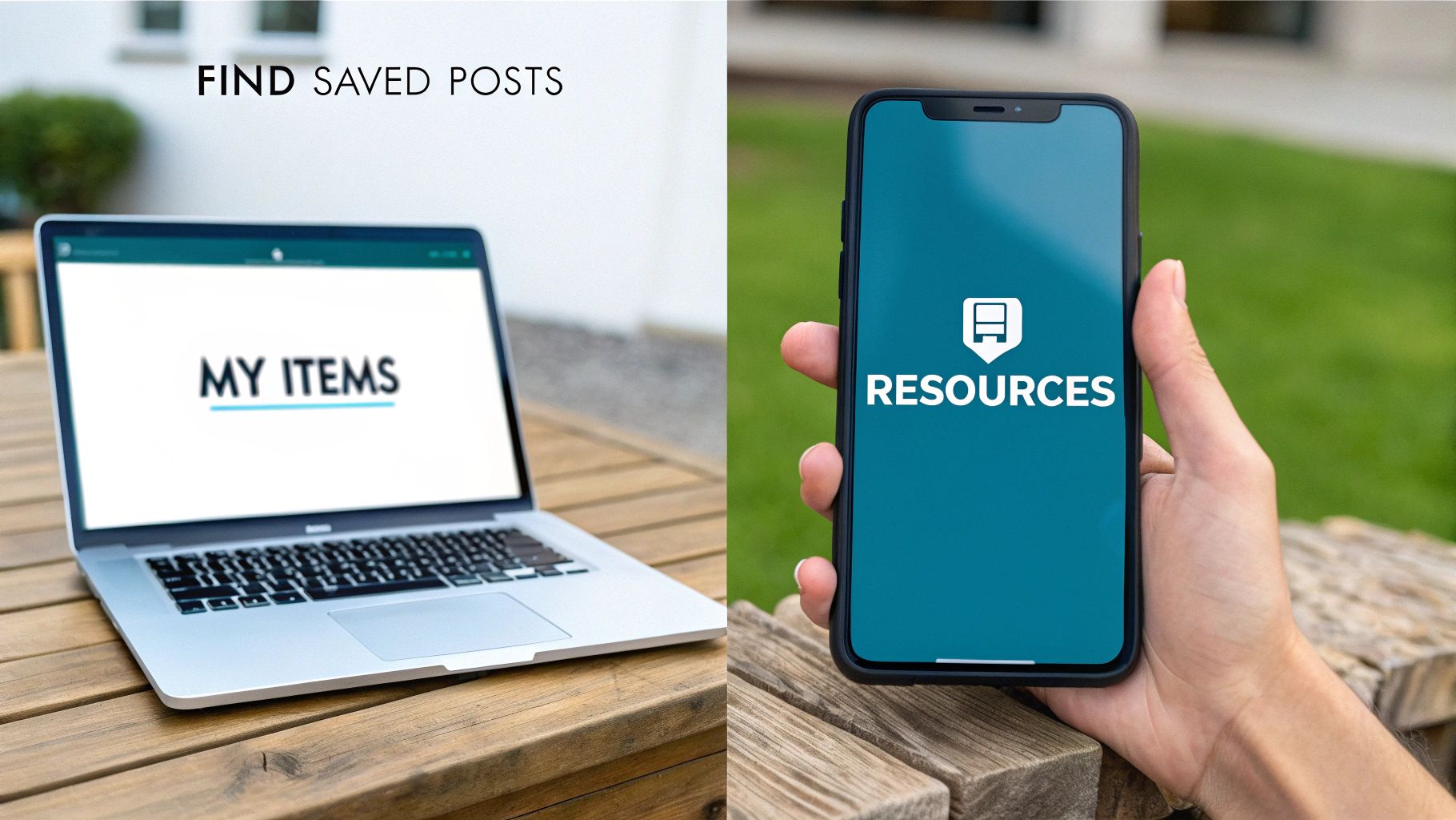 Laptop displaying 'MY ITEMS' and smartphone with 'RESOURCES' showcasing how to find saved posts.