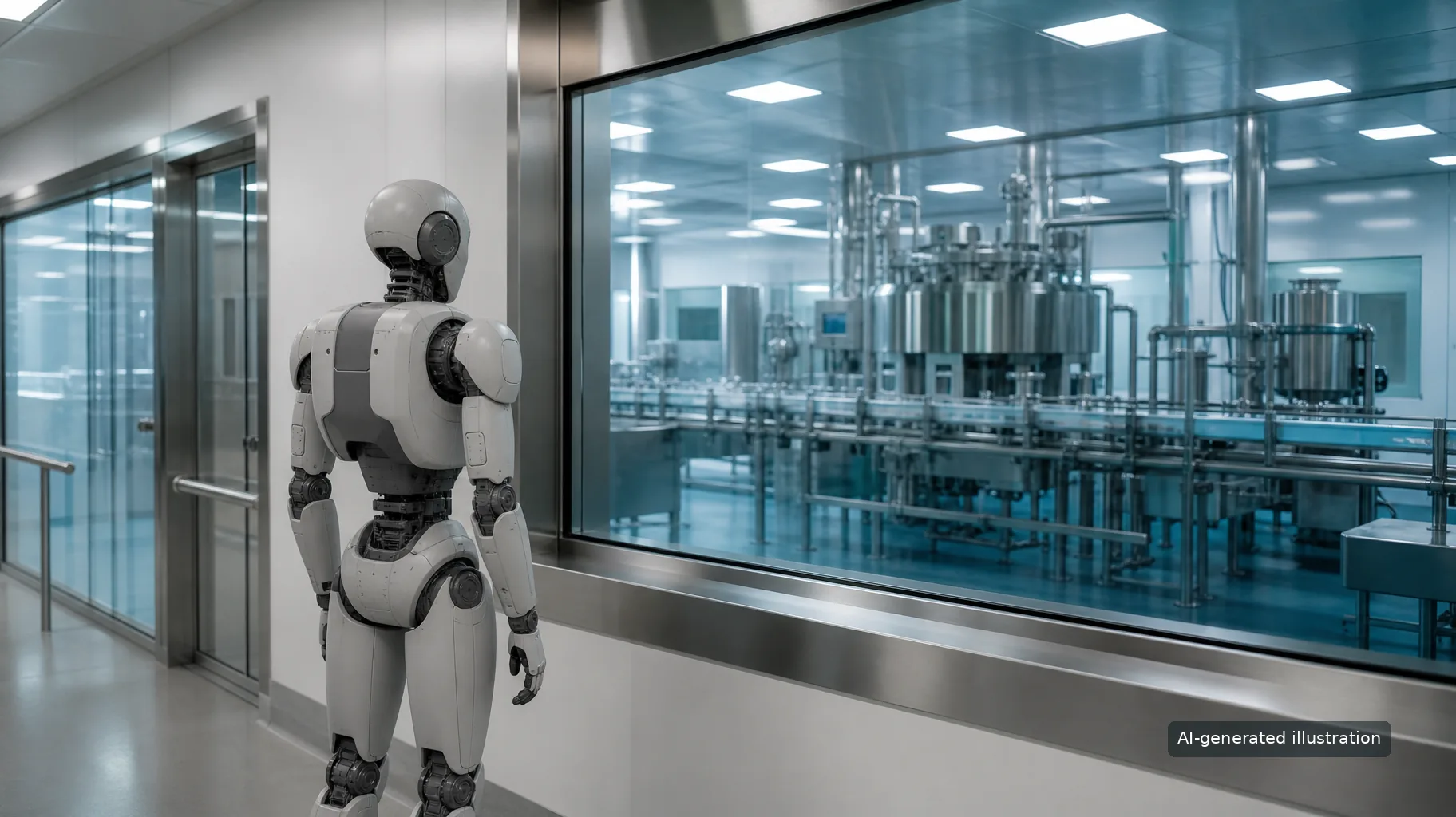 AI-generated illustration of a generic humanoid robot standing in a corridor outside a pharmaceutical cleanroom, looking through a glass window at a sterile stainless steel processing line.