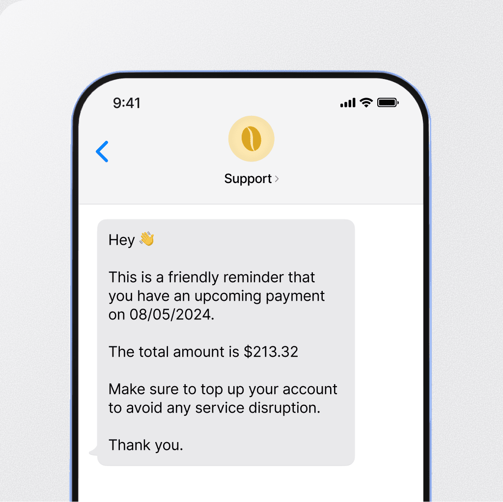 SMS reminder of upcoming payment with amount and due date, urging customer to top up their account to avoid service disruption.