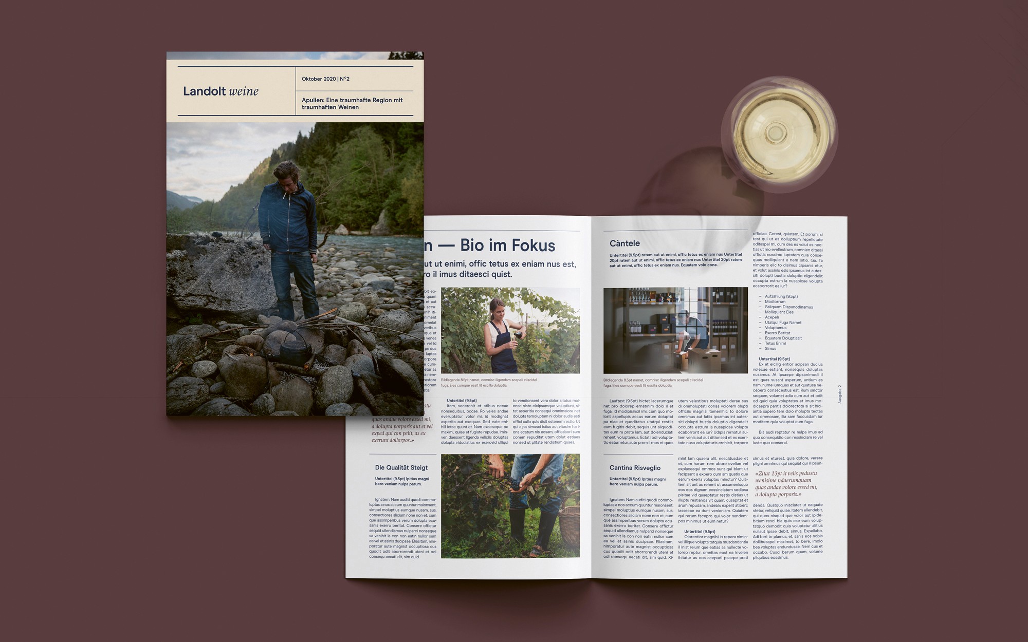 Landolt Weine print newsletter cover and centerfold with a glass of white wine
