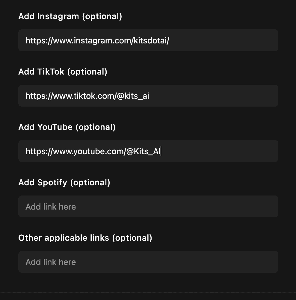 Social link input page for Kits Earn