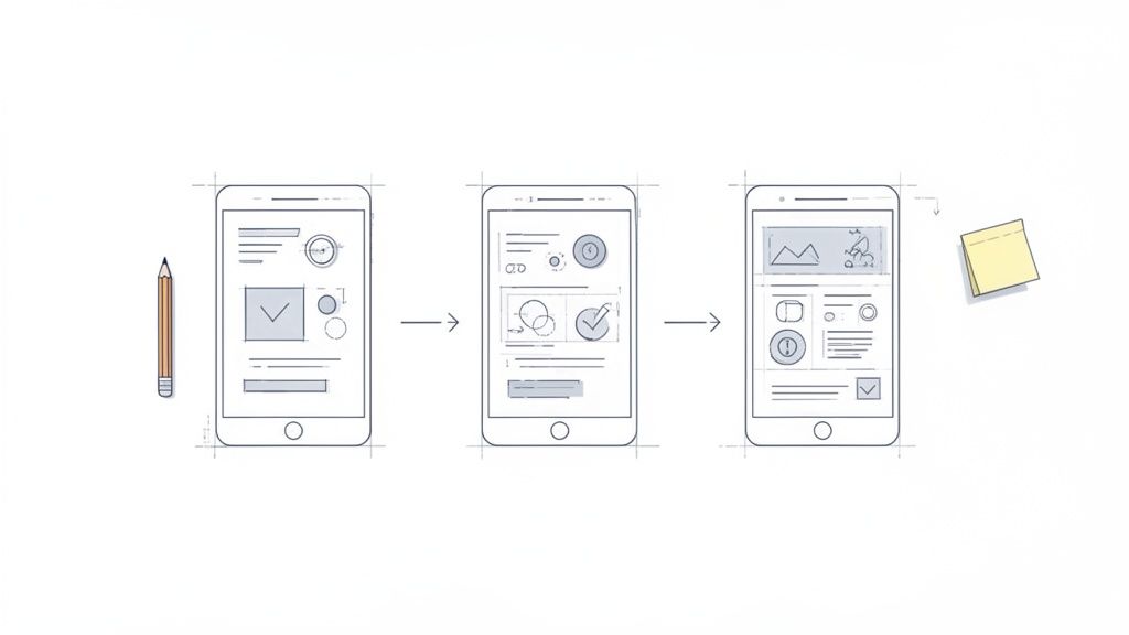 Three smartphones illustrate a mobile app UI/UX design prototyping process from wireframe to refined interface.