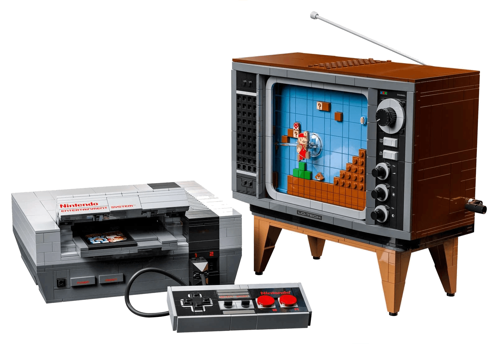 LEGO® Nintendo Entertainment System™ (sett 71374) - ferdigbygd grå spillkonsoll med kontroller og brun TV, Brikkenerd