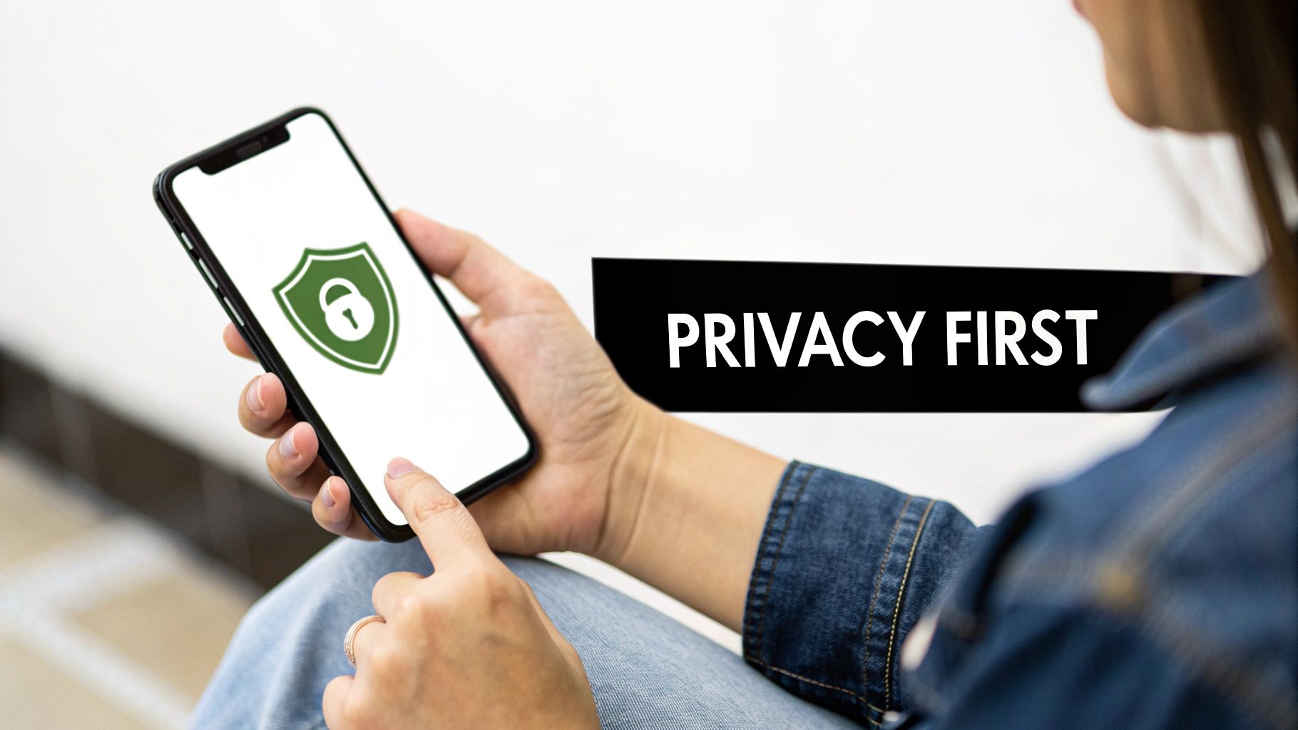 A person holds a smartphone displaying a privacy shield, with 'PRIVACY FIRST' text.