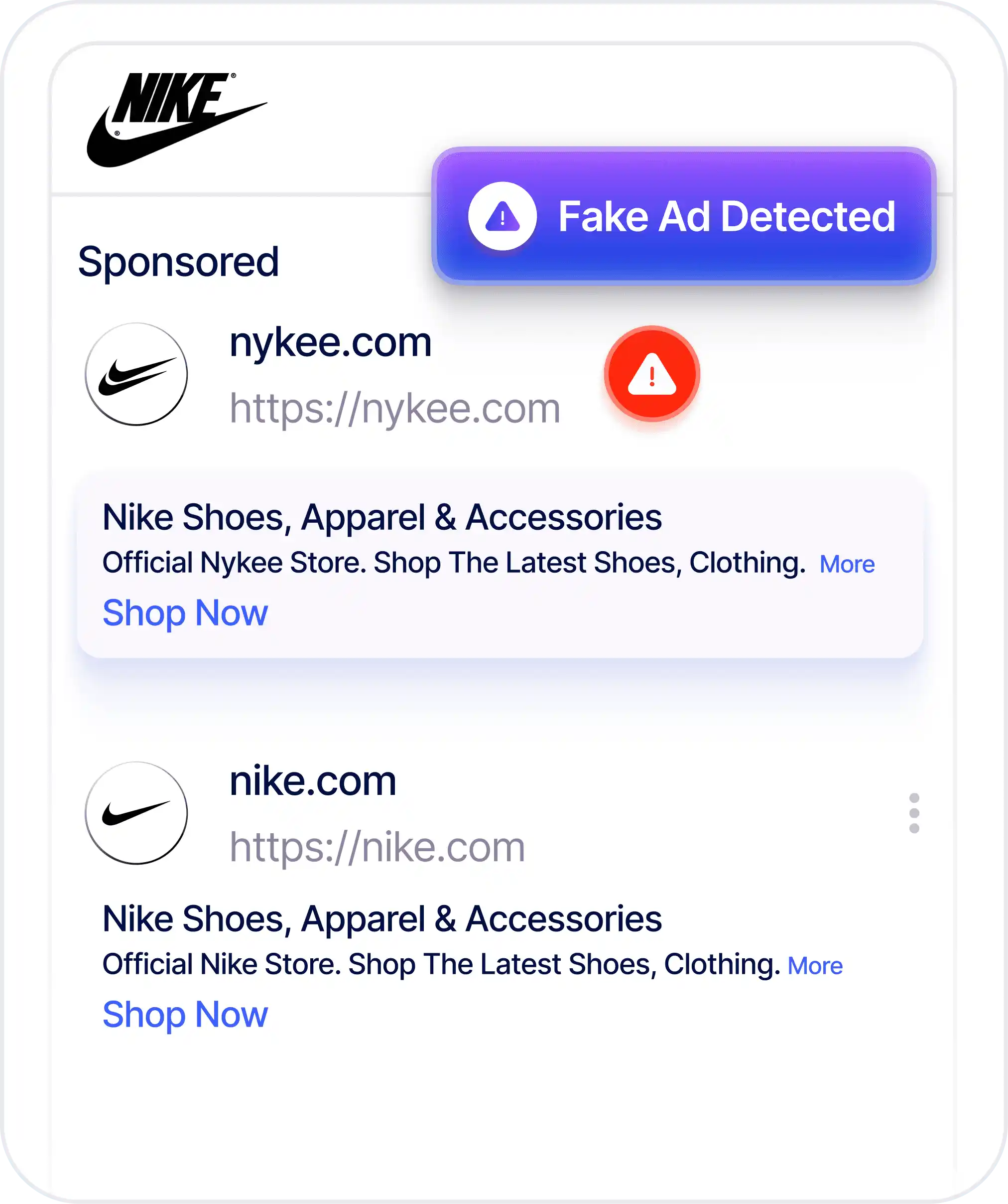 KnyX Brand AI detecting counterfeit sponsored ad impersonating Nike