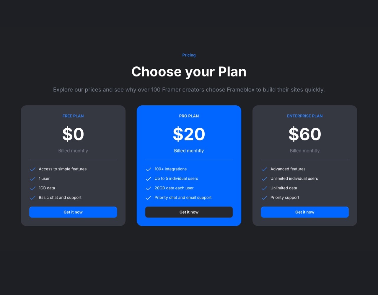 Framer Dark Pricing Section - Frameblox UI