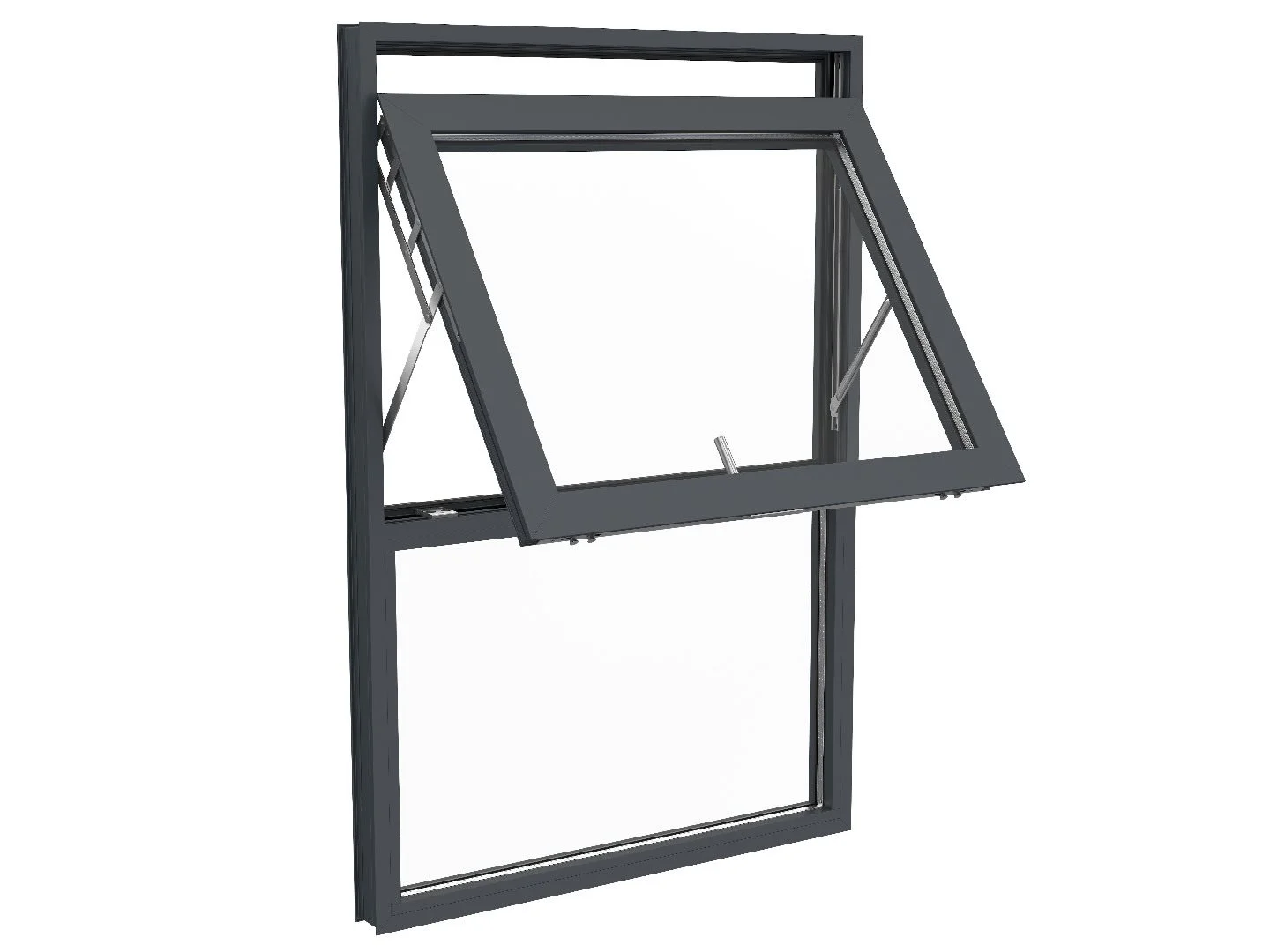 A Smart Systems Alitherm 400 aluminium window, top hung over a fixed light, open