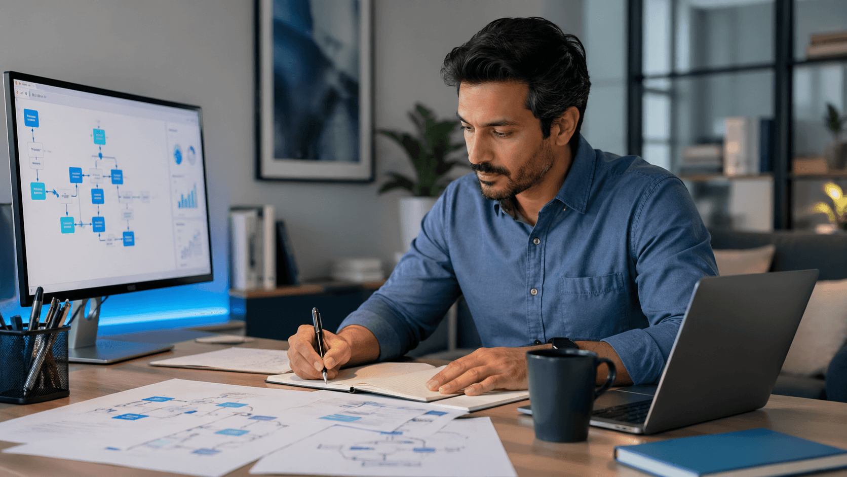 Professional reviewing workflow plans and automation processes in a modern workspace.