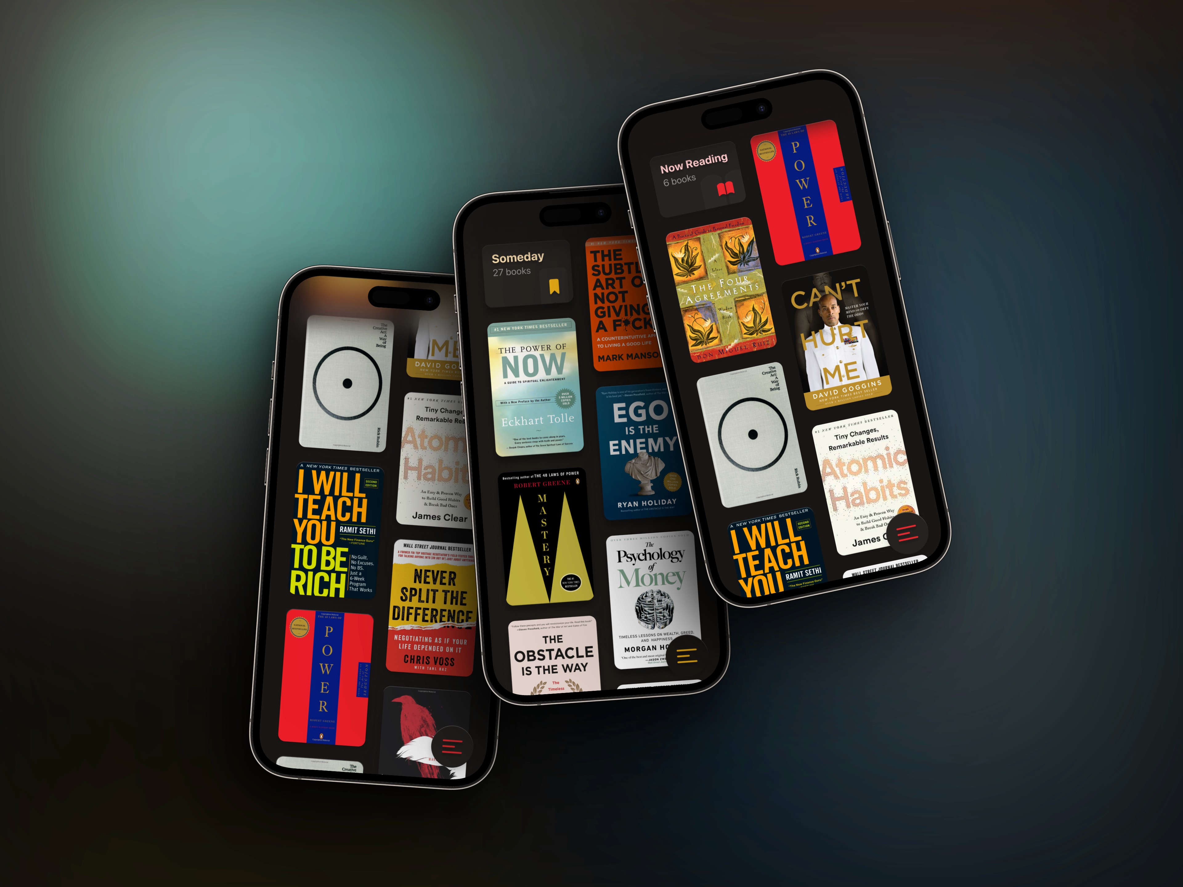 Three iPhones displaying an app containing book covers