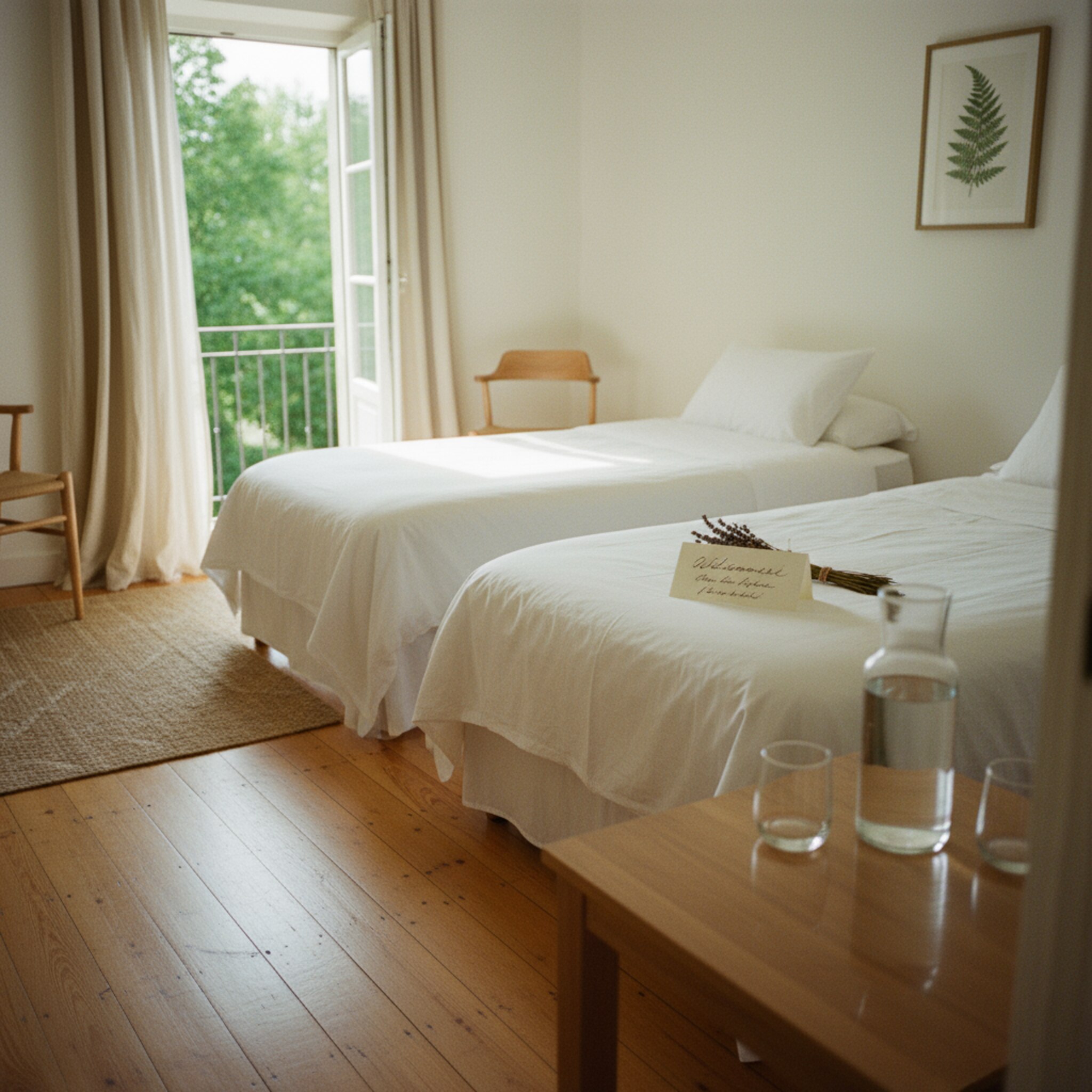 Ein helles Doppelzimmer mit Holzfußboden, zwei frisch bezogenen Betten und einem kleinen Balkon. Auf dem Bett liegt eine handgeschriebene Willkommenskarte neben einem getrockneten Lavendelbund. Ein Sonnenstrahl beleuchtet eine Wasserkarafe und zwei Gläser. Der Raum wirkt aufgeräumt, ruhig und einladend.