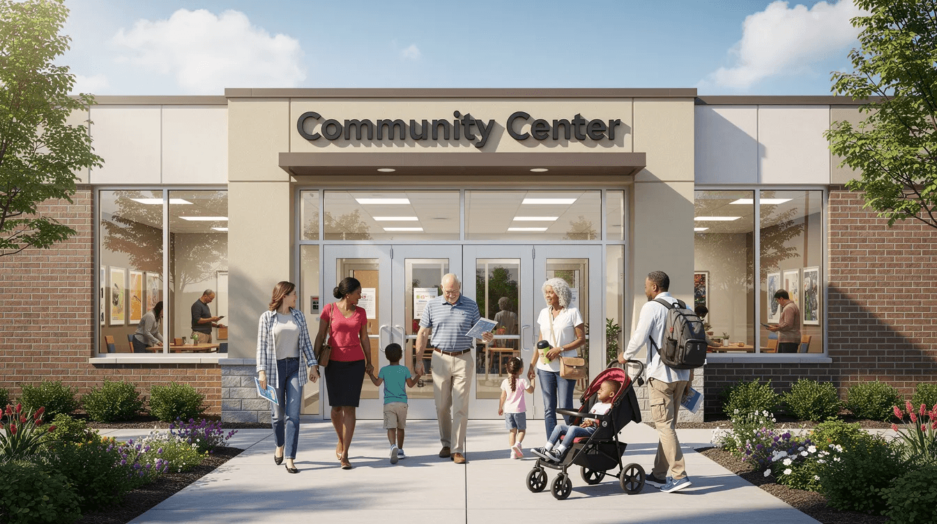 The image depicts a community center building bustling with families entering, showcasing a vibrant community atmosphere. This center may serve as a hub for local programs, potentially offering tax benefits and resources for families looking to understand tax strategies and optimize their financial situation.