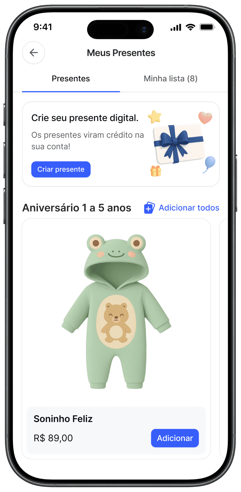 Lista de presentes digitais para aniversário infantil dentro do aplicativo Dona