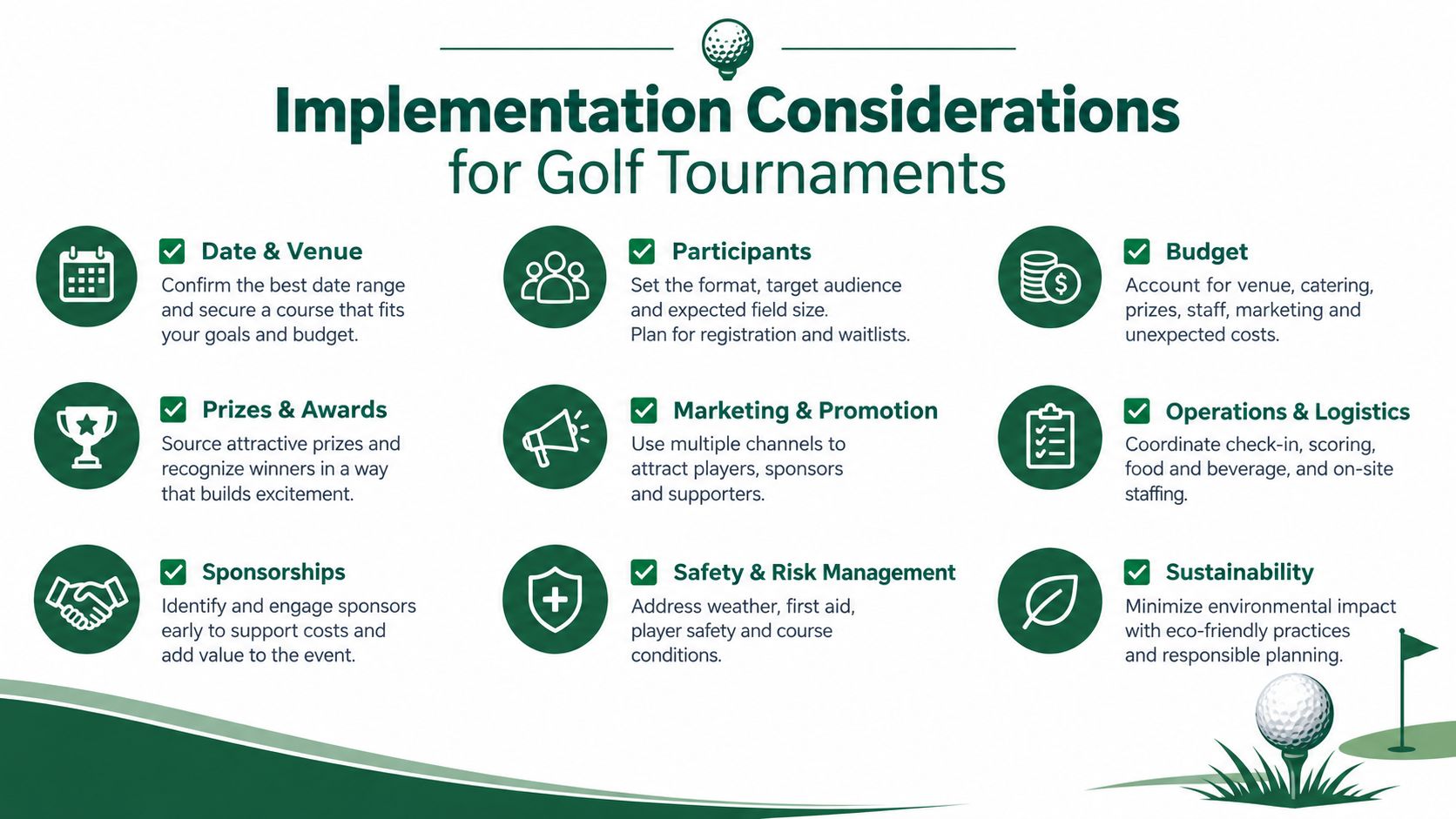 An infographic titled Implementation Considerations for Golf Tournaments outlining key planning steps for hosting a successful event.