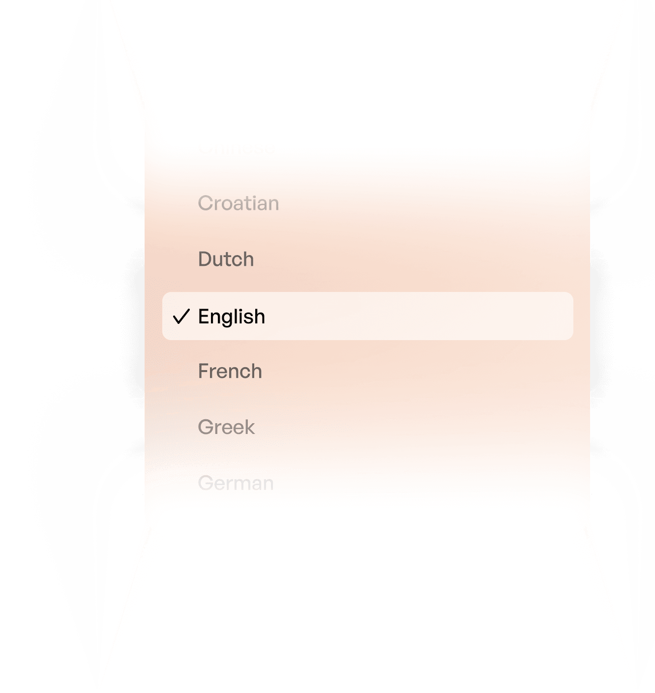 A language selection dropdown menu with "English" selected by a checkmark among Croatian, Dutch, French, and Greek.