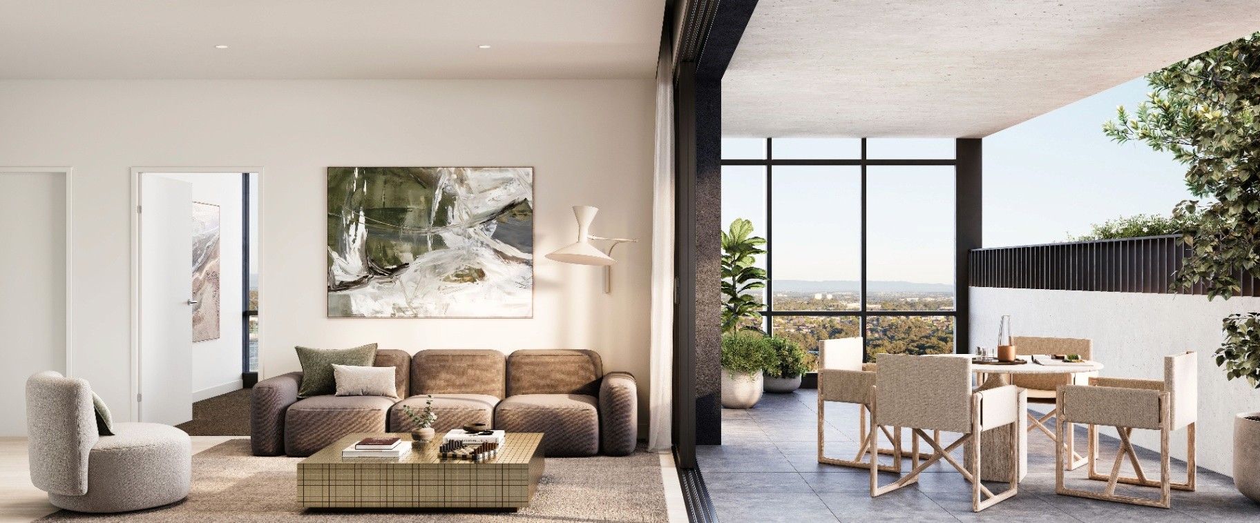 Modern apartment living room with open-plan layout, floor-to-ceiling windows, and adjoining outdoor terrace