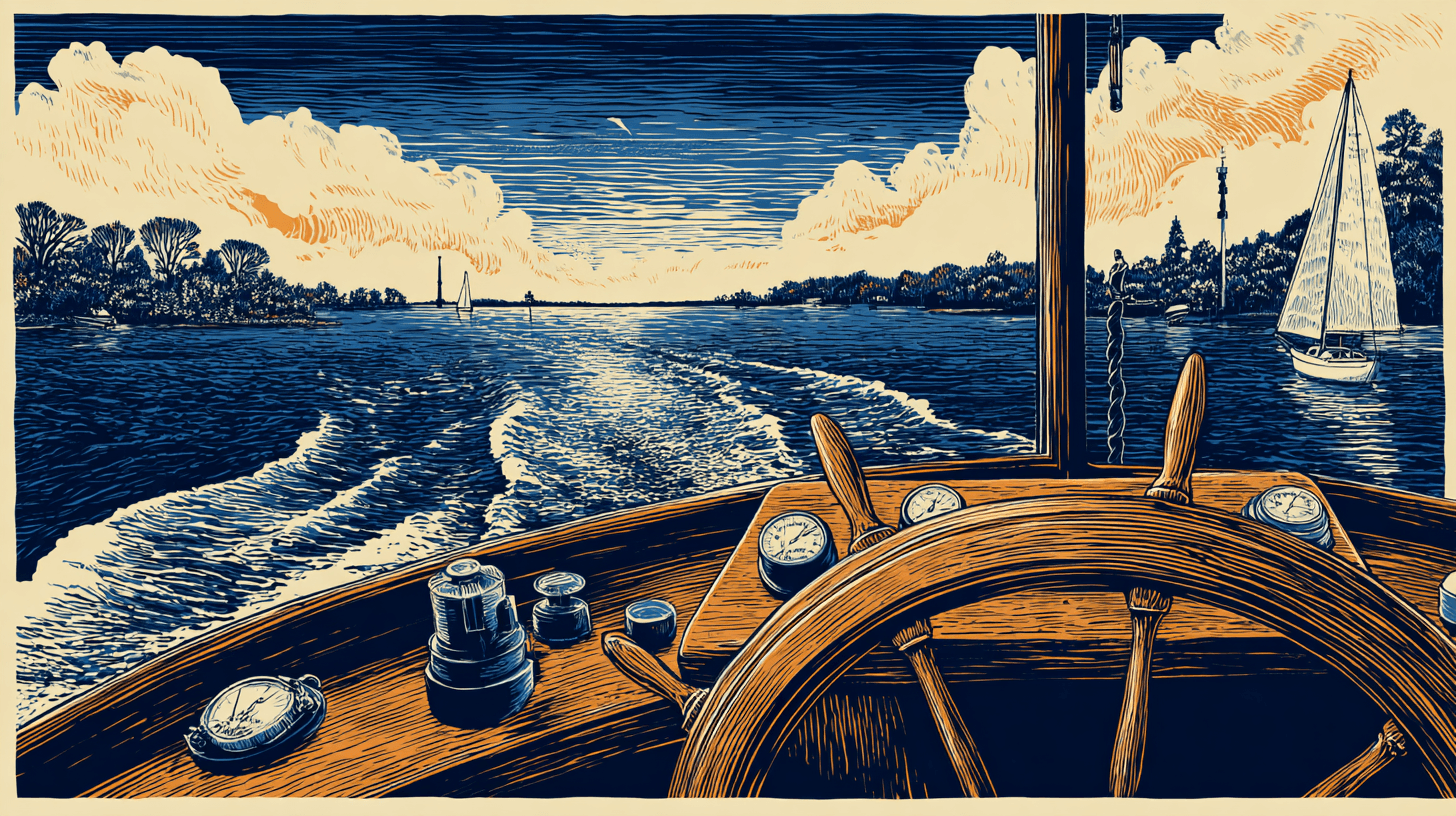 Illustration at the helm of a yacht