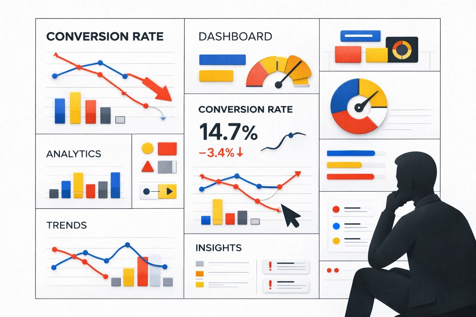 Business professional analyzing declining website conversion rates and analytics data