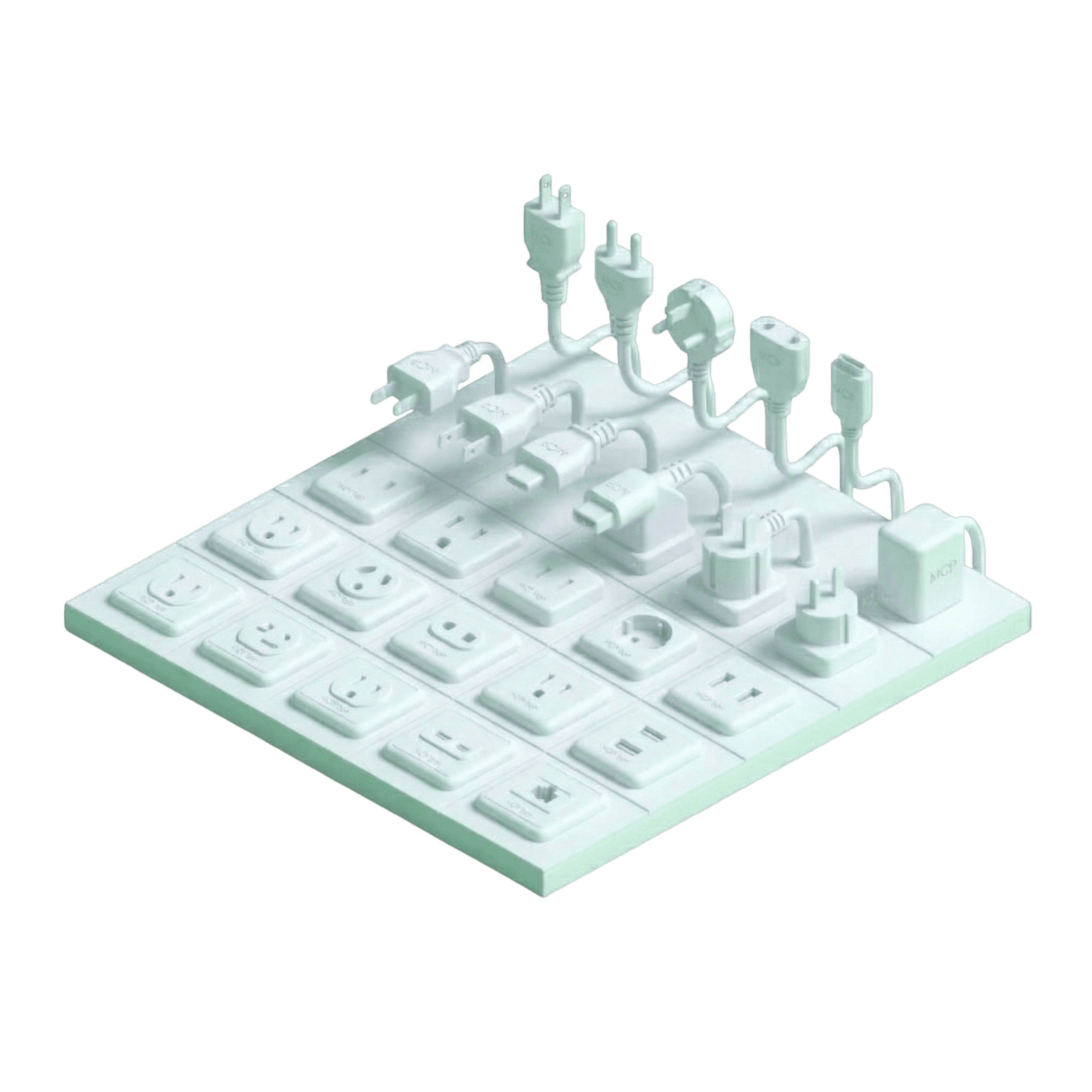 Isometric 3D illustration of a pale green grid containing various international power outlets and matching electrical plugs, including USB and regional standards, isolated on a black background.