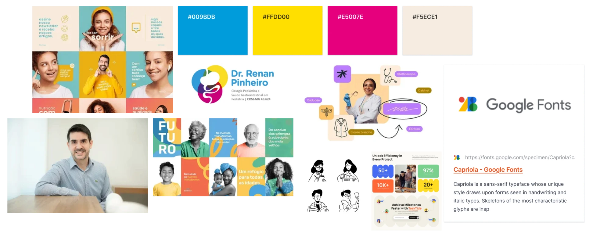 Painel de inspiração (moodboard) para a marca do Dr. Renan Pinheiro, incluindo paleta de cores com códigos hexadecimais, o logotipo da marca, fotos do médico, exemplos de postagens para redes sociais com pacientes e crianças, referências tipográficas do Google Fonts e ilustrações institucionais.