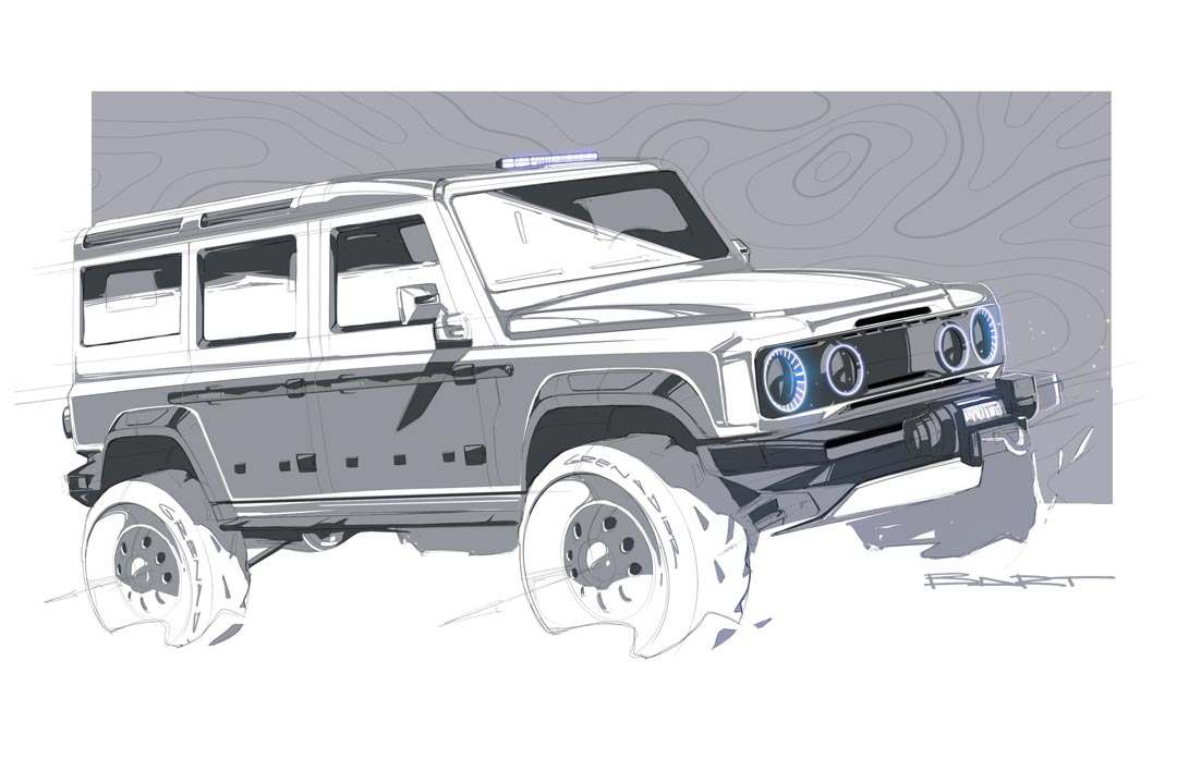 Design sketch from the design process of the INEOS Grenadier, 3/4 front view
