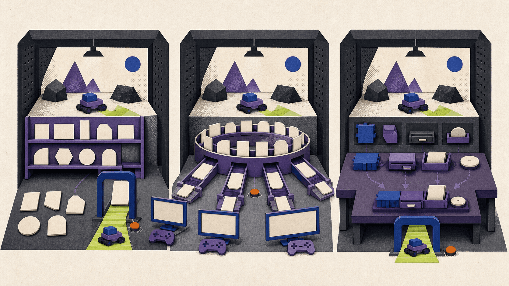 Three equal workshop bays compare a curated game catalog, a subscription library shared across devices, and a configurable full cloud PC.