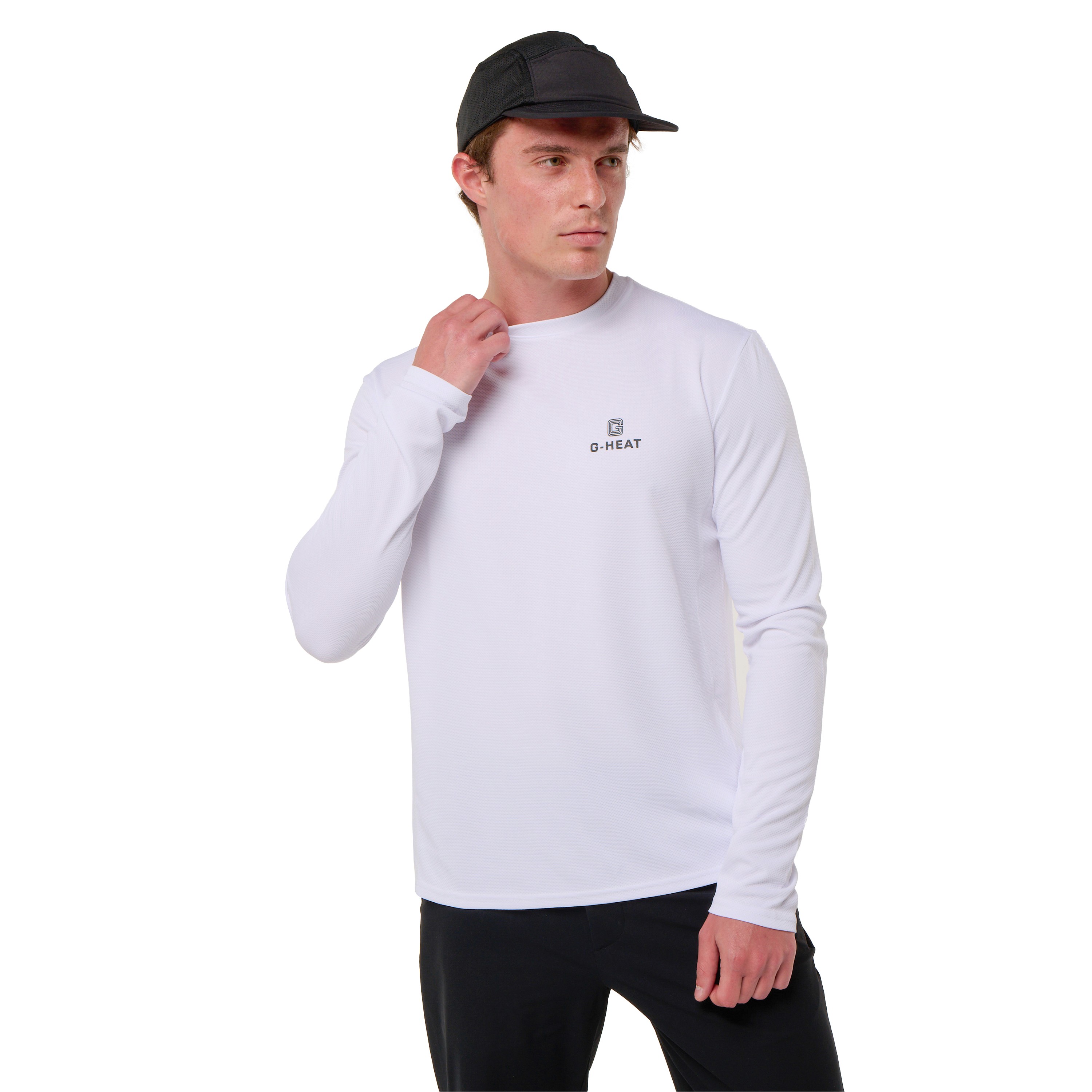 White G-Heat long-sleeve cooling T-shirt, front view, worn by a man wearing a cap, white background