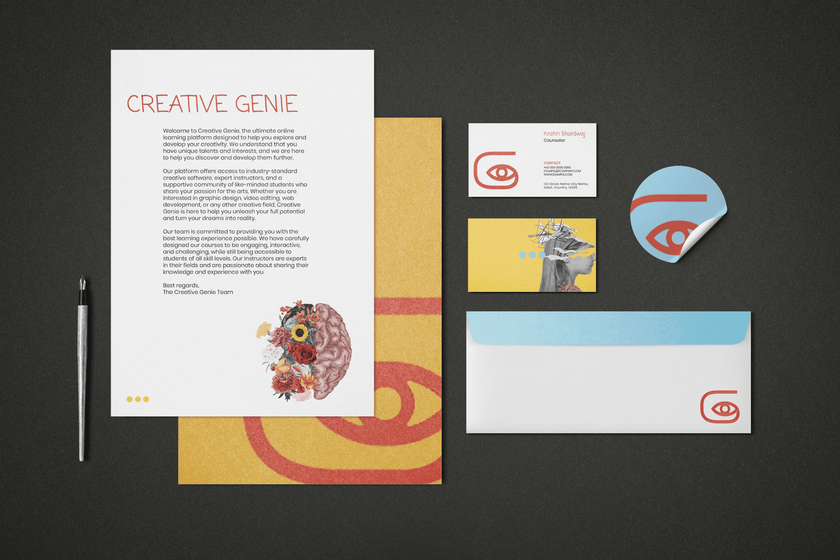 Creative Genie stationery suite: letterhead, business cards, stickers, and envelope on a dark board