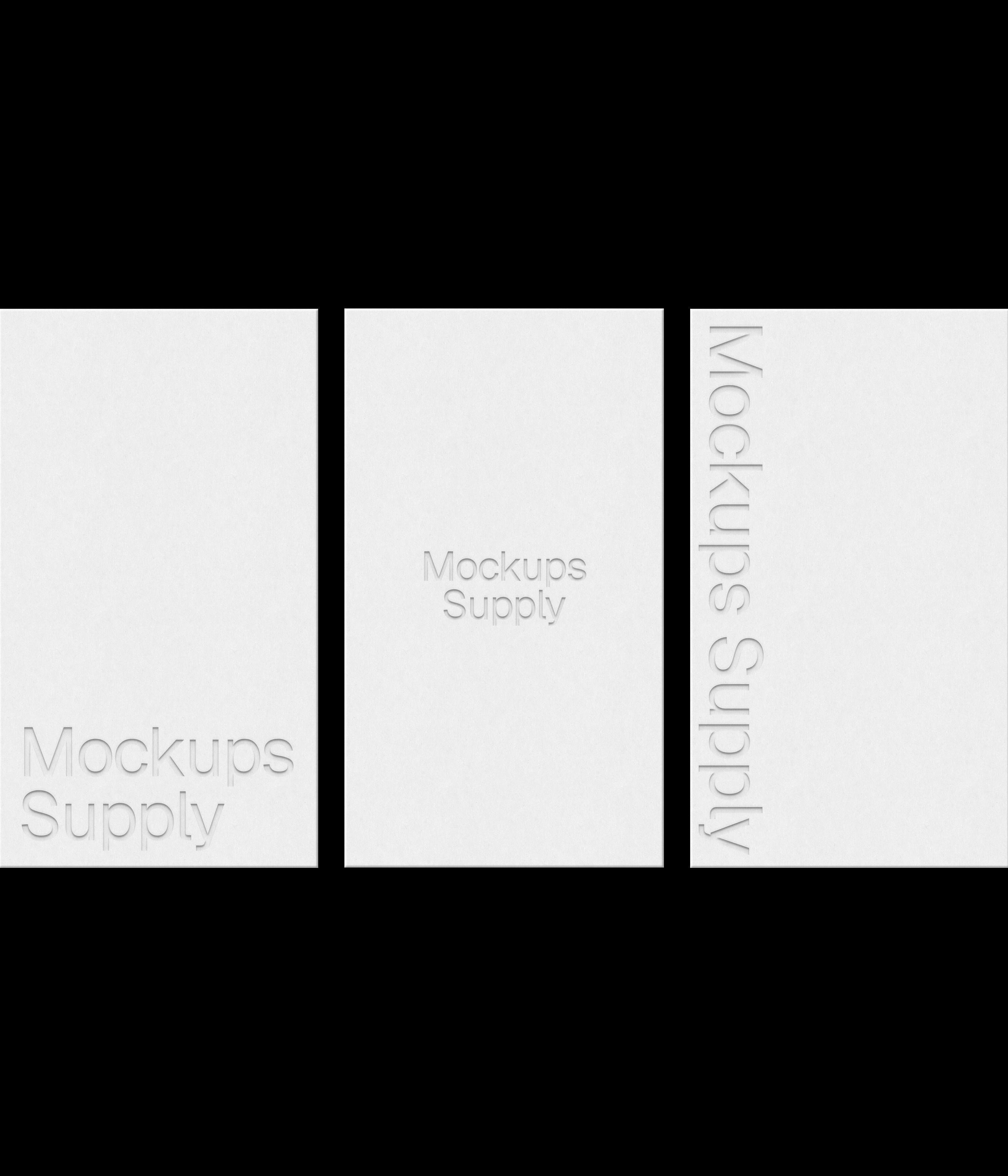 3 US Canada business cards mockup portrait for Photoshop with debossed text effect, white cards on black background, minimal branding and stationery presentation