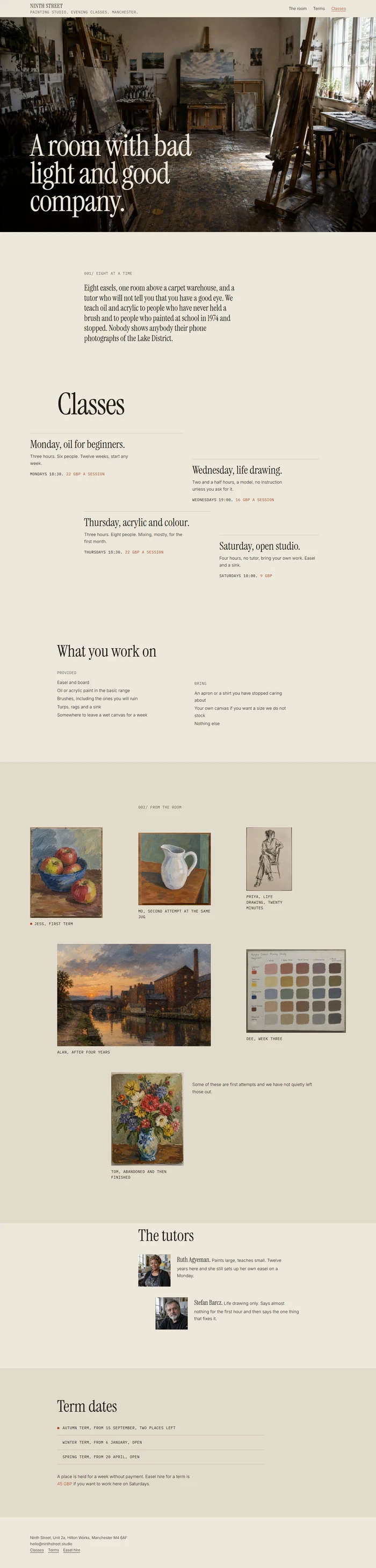 Full page of an AI-generated art studio website with a photo hero, an offset statement, four staggered evening classes, a provided and bring list, a wall of six student paintings, two tutors and term dates