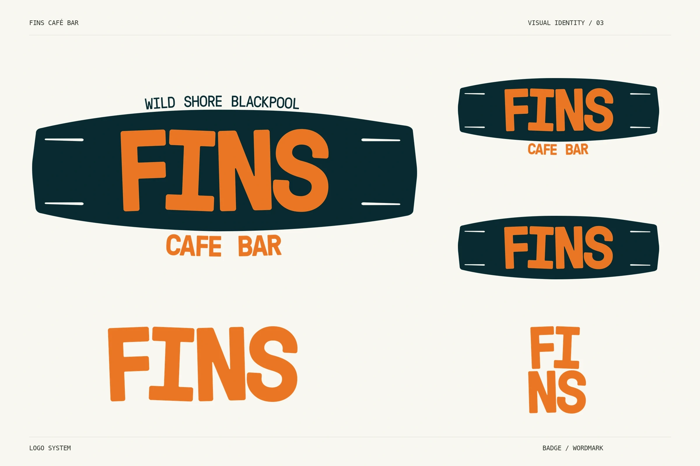 FINS Café Bar editorial logo system. Orange lettering on deep green badges with orange wordmarks, showing five supplied logo variants.