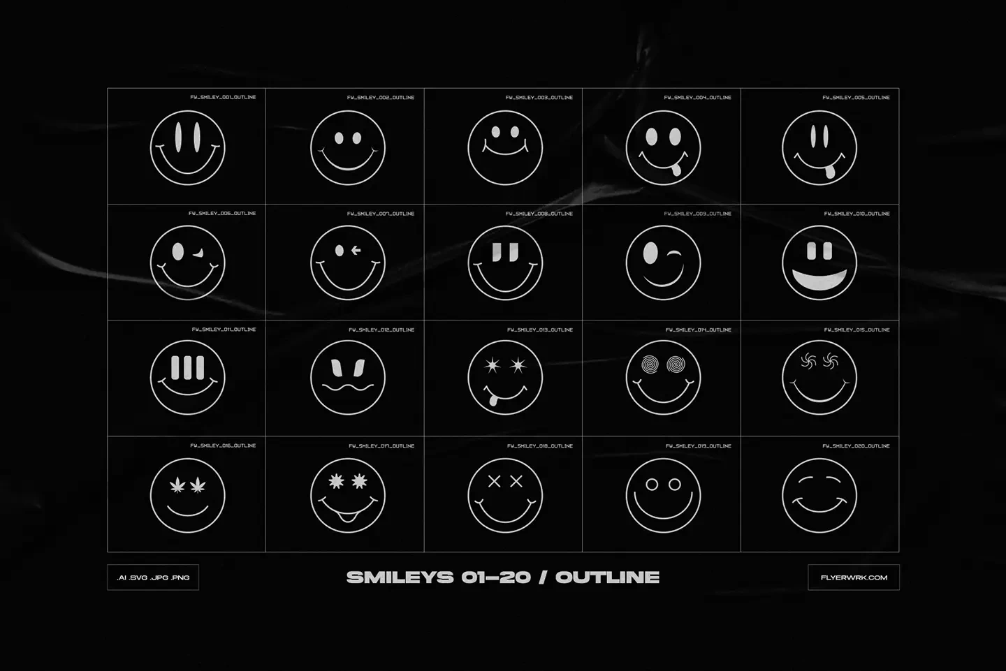 Y2K Abstract Acid smiley icons outline set 01 to 20 vector preview