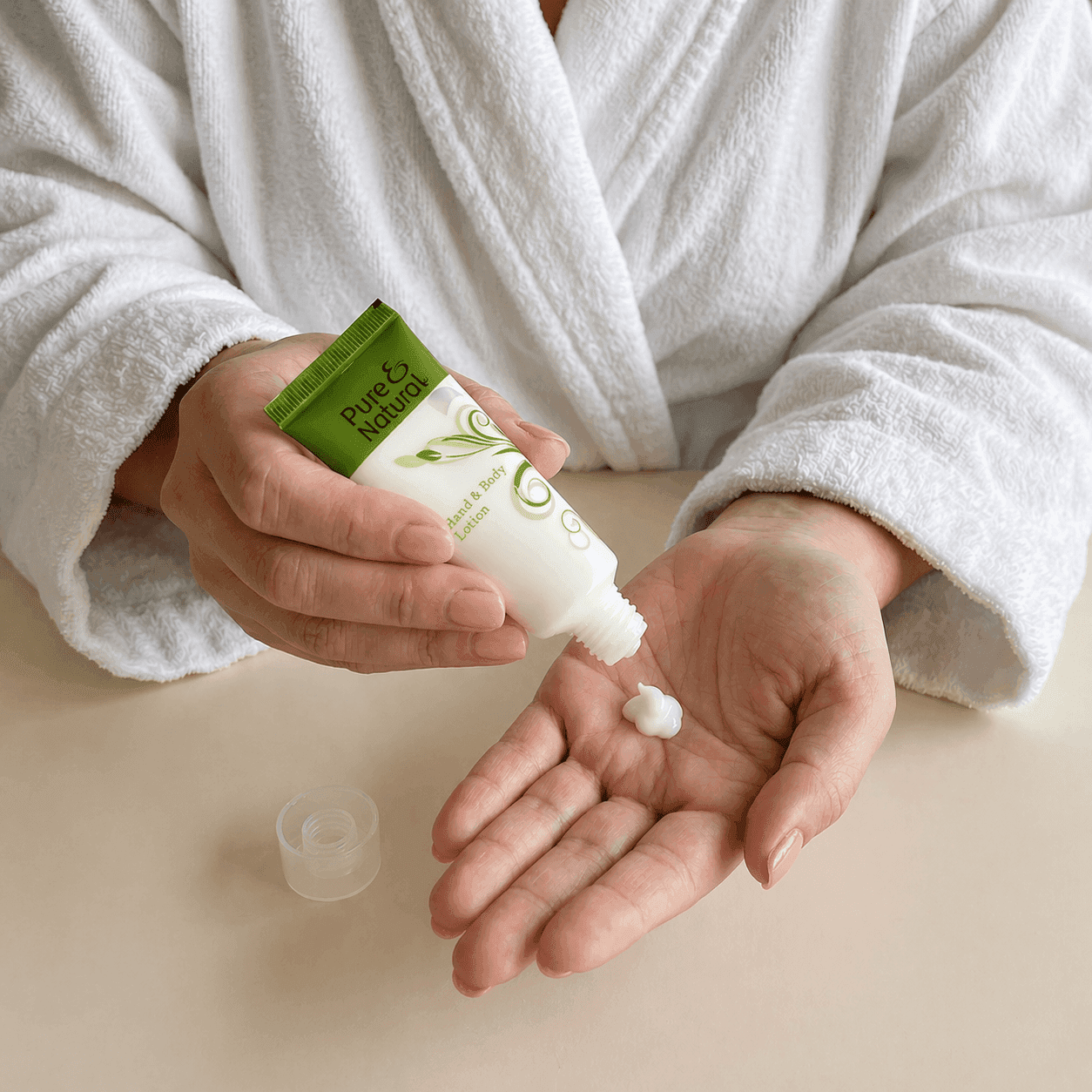 A close-up photograph of a woman wearing a white robe, holding a small tube of 'Pure & Natural' body lotion by Transmacro Amenities, and squeezing a small dollop onto her palm.