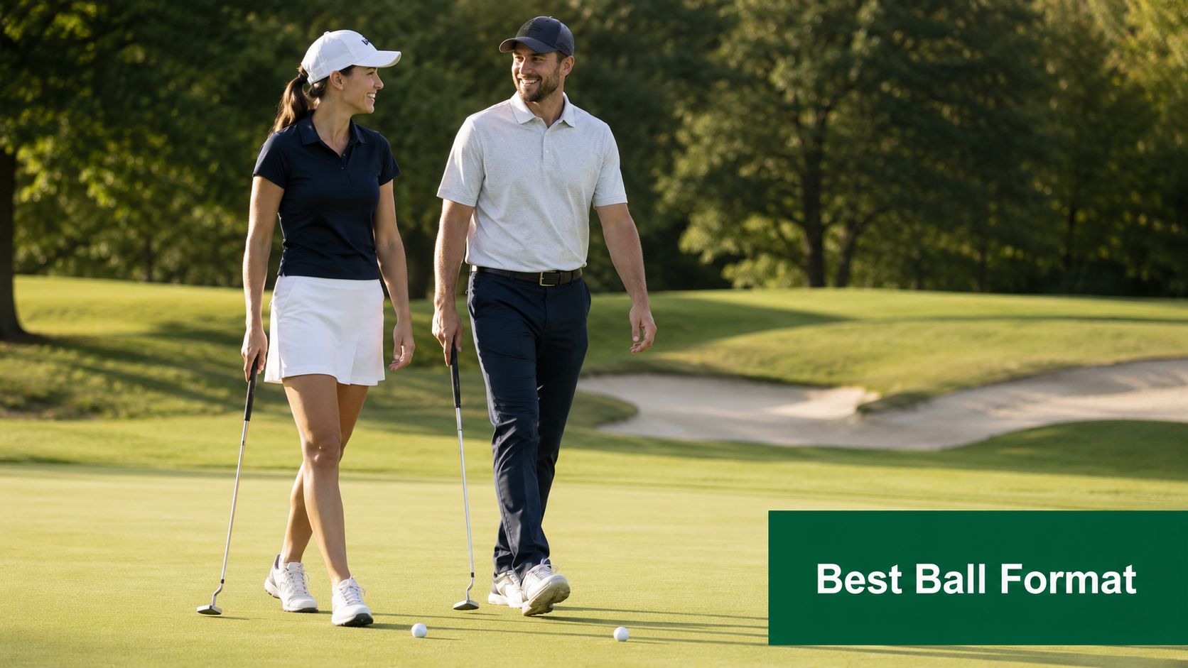 A man and a woman in golf attire walk together on a putting green, smiling at each other.