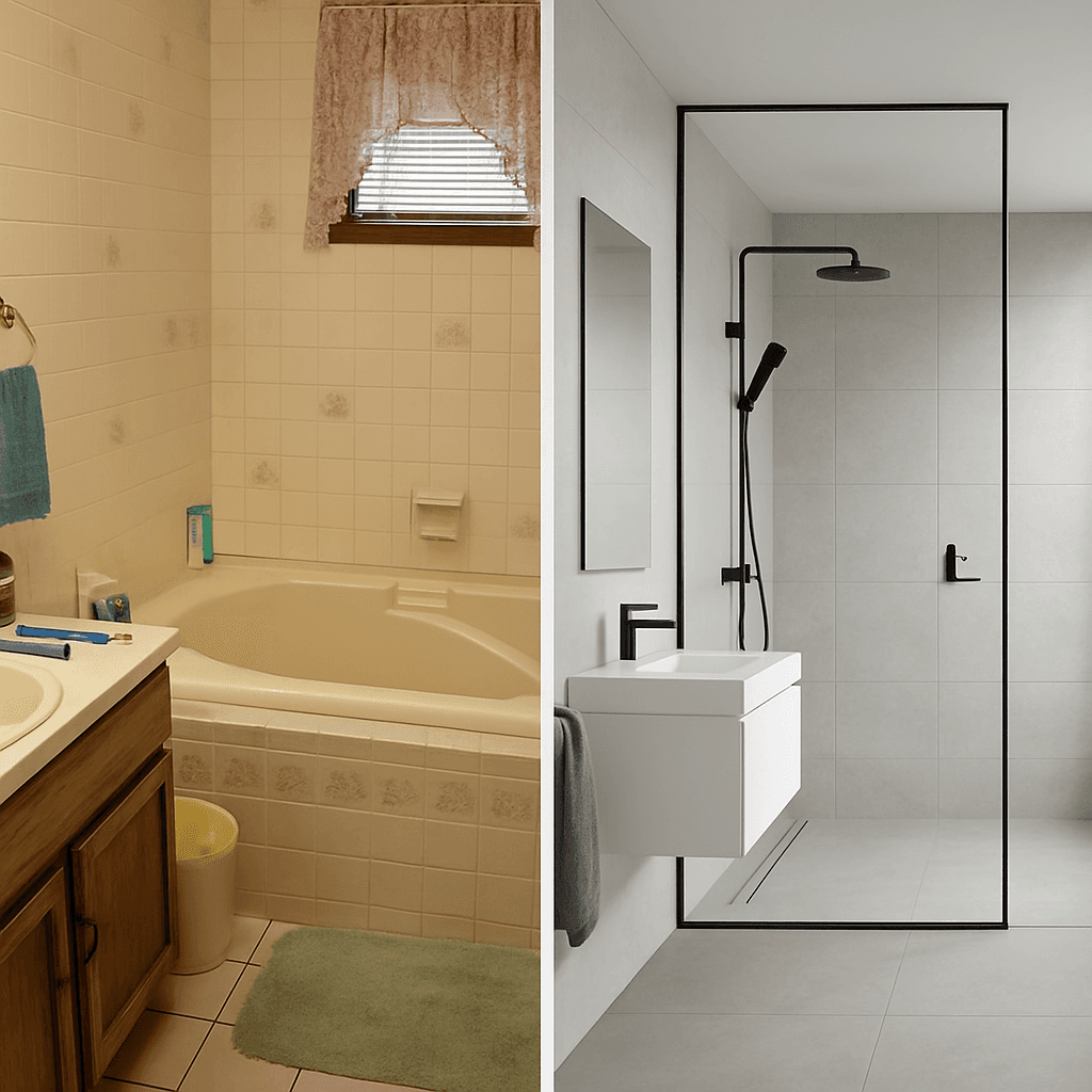 A side-by-side comparison of a cluttered 1990s bathroom with an oversized tub versus a sleek, open-concept walk-in shower with floor-to-ceiling glass.