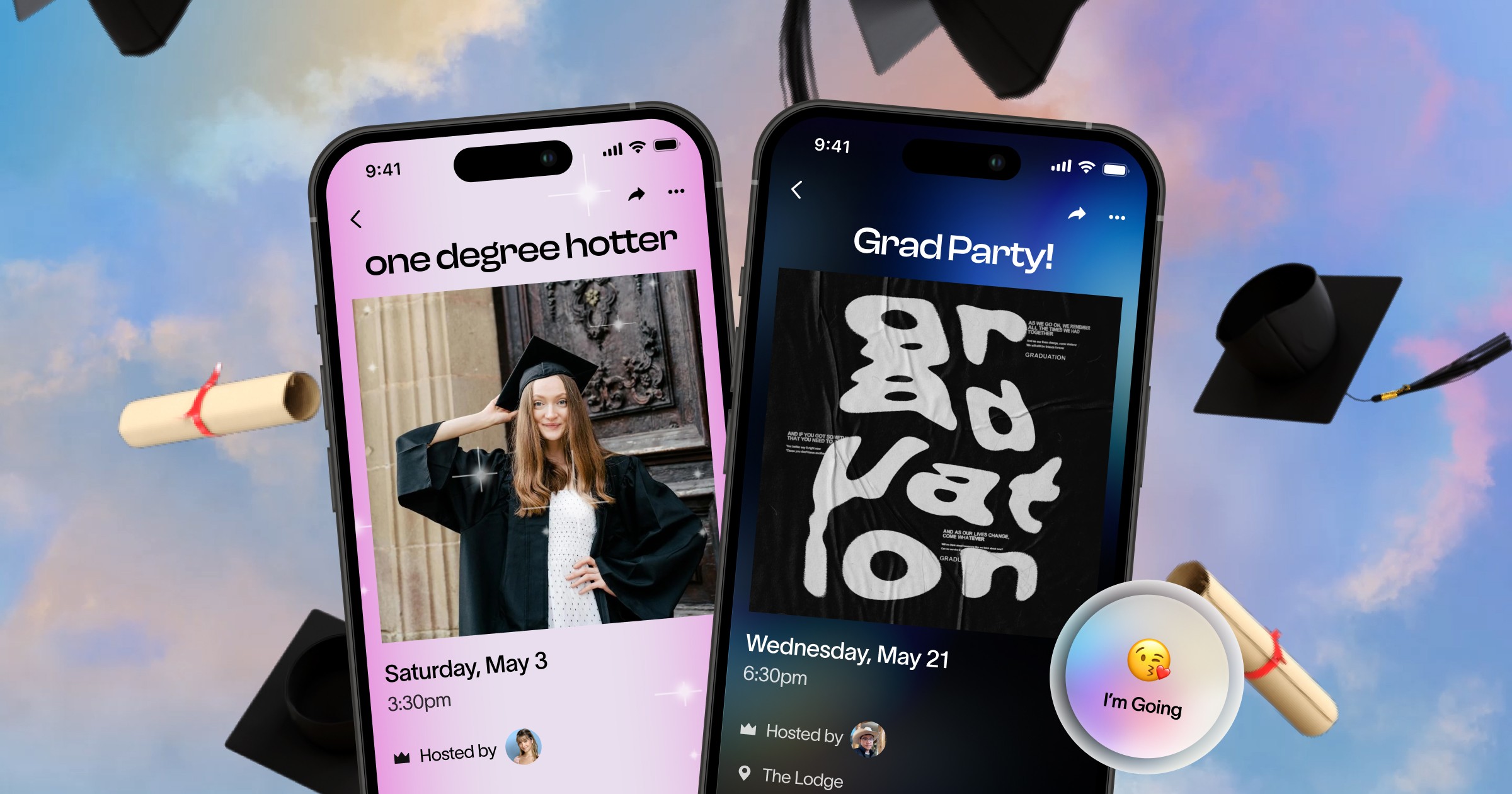 Digital graduation party invitations displayed on two smartphones against a sky background with flying graduation caps and diplomas. One invite features a fun, meme-style design with a student in a cap and gown sipping a drink, while the other has an elegant script-style "Grad" design. Includes RSVP button with "I'm Going" emoji reaction. Perfect for customizable online graduation party invites with RSVP tracking and easy sharing via text or email.