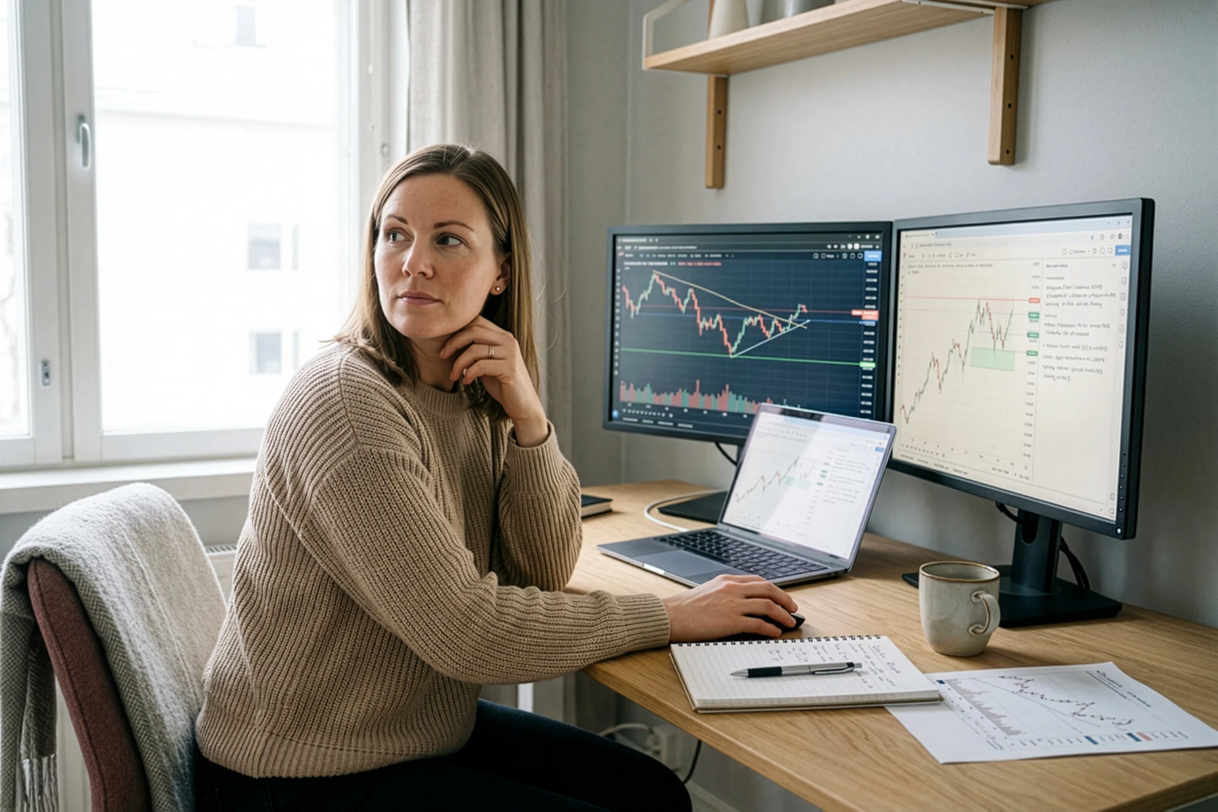 Swingtrader analyserar marknaden vid skrivbord med handelsplattform och tradingjournal på skärmen