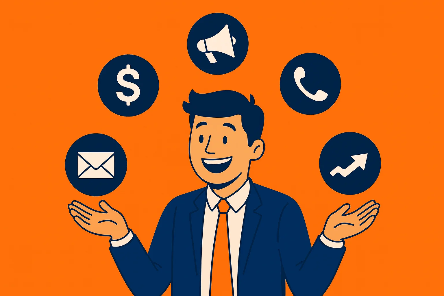 smiling-businessman-in-suit-with-hands-raised-juggling-icons-for-money-email-call-marketing-and-growth-representing-what-drives-customer-loyalty