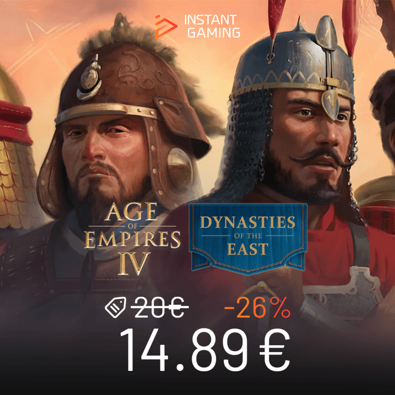 Jaquette officielle du jeu Age of Empires IV: Dynasties of the East sur PC, avec deux guerriers asiatiques en armure traditionnelle. Offre Instant Gaming à 14,89 €.