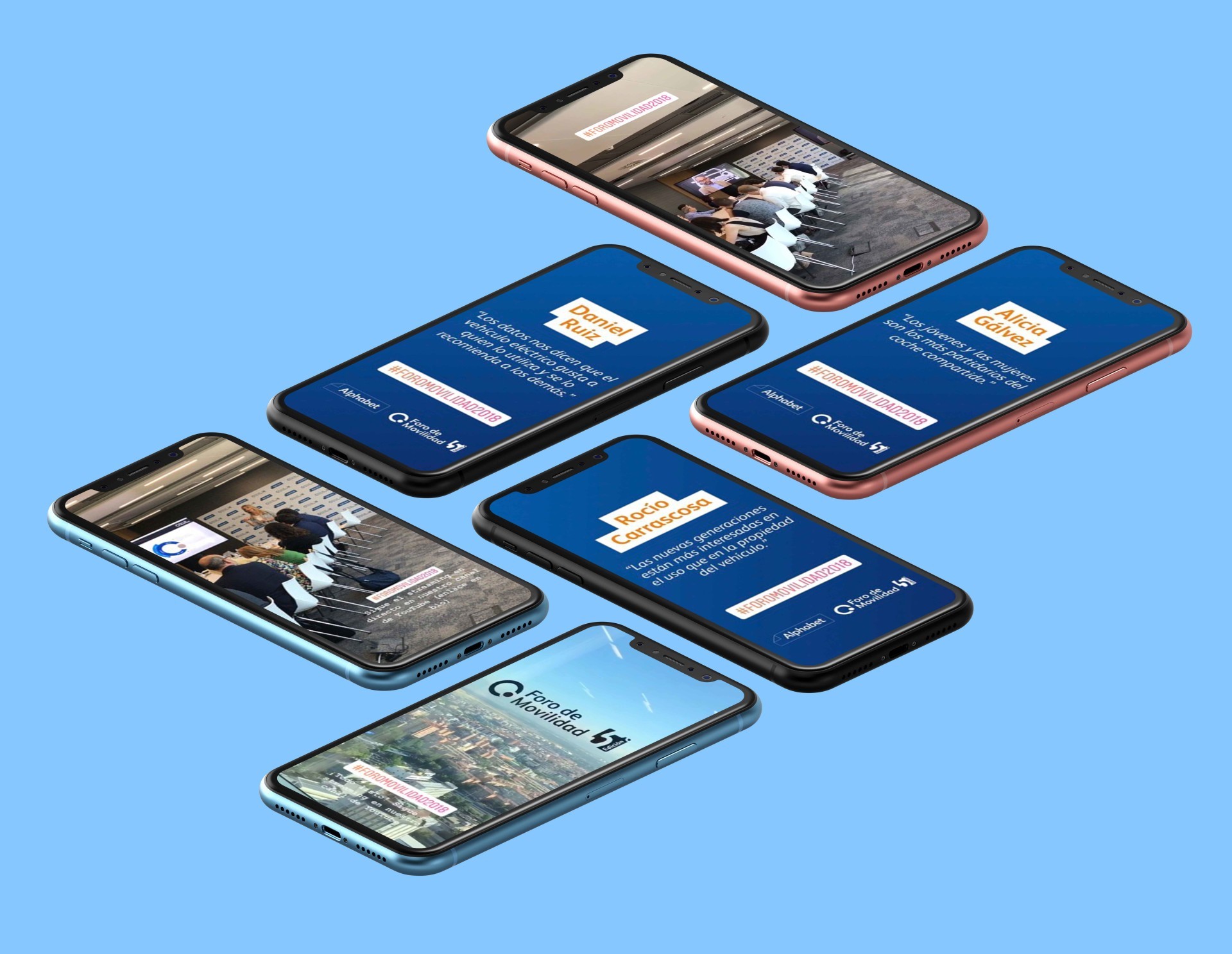 Imagen de múltiples smartphones mostrando contenido sobre el Foro de Movilidad, evento de innovación y tecnología.