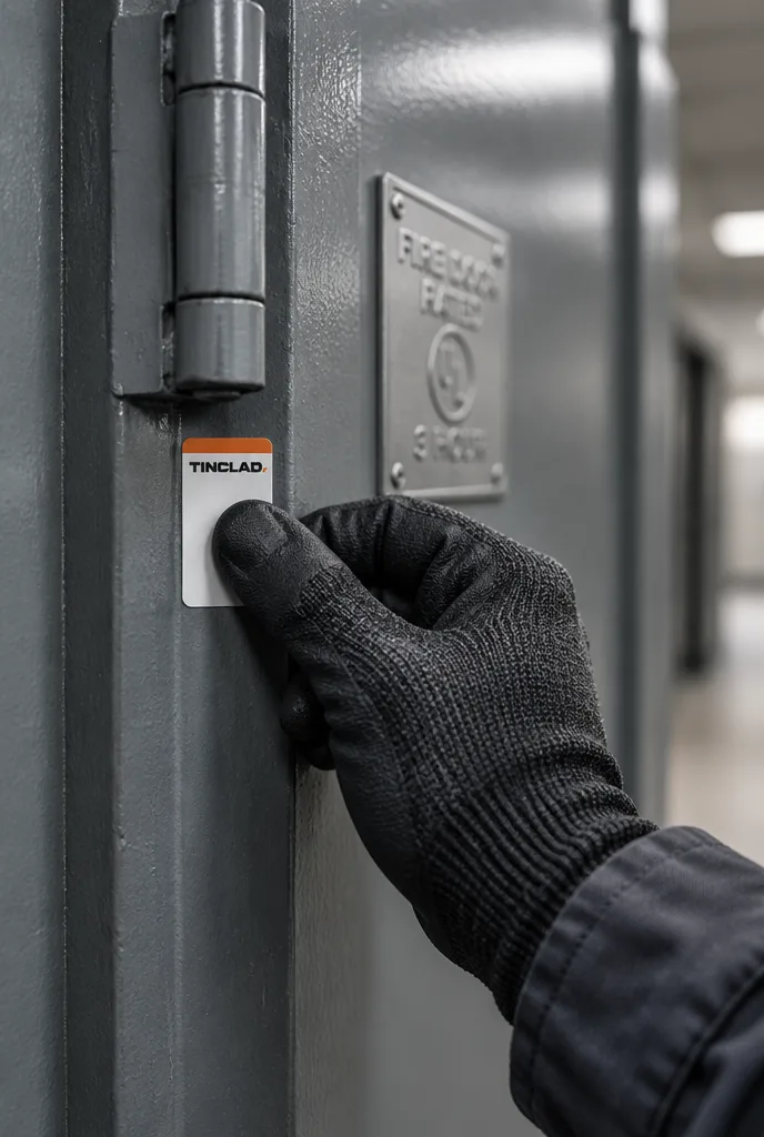 Gloved hand placing a Tinclad tag on a fire door frame