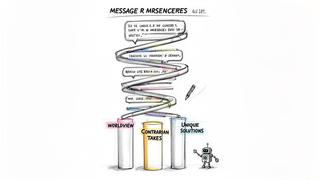 A diagram shows messages spiraling down into containers: 'Worldview', 'Contrarian Takes', and 'Unique Solutions', with a robot.