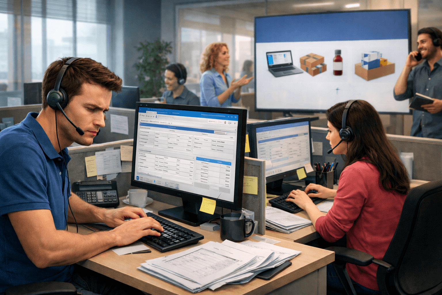 Equipe de televendas em um escritório moderno, com dois atendentes usando headset focados em digitar pedidos manualmente em sistemas no computador, com expressão de cansaço e tarefas repetitivas. Ao fundo, outros colegas conversam e um monitor exibe um portal de compras com produtos organizados, sugerindo contraste entre trabalho manual e automação. Cena em estilo 3D realista, iluminação natural e ambiente corporativo.