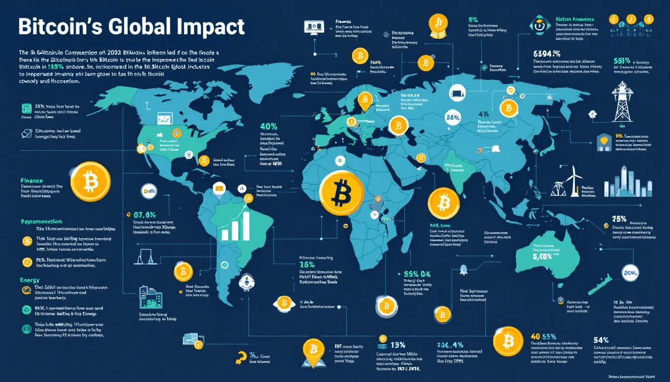 The image illustrates a global visualization of Bitcoin's impact across various industries and sectors, highlighting its role as a decentralized digital currency. It emphasizes how the Bitcoin network facilitates transactions and records within the crypto community, reflecting the influence of its pseudonymous creator, Satoshi Nakamoto.