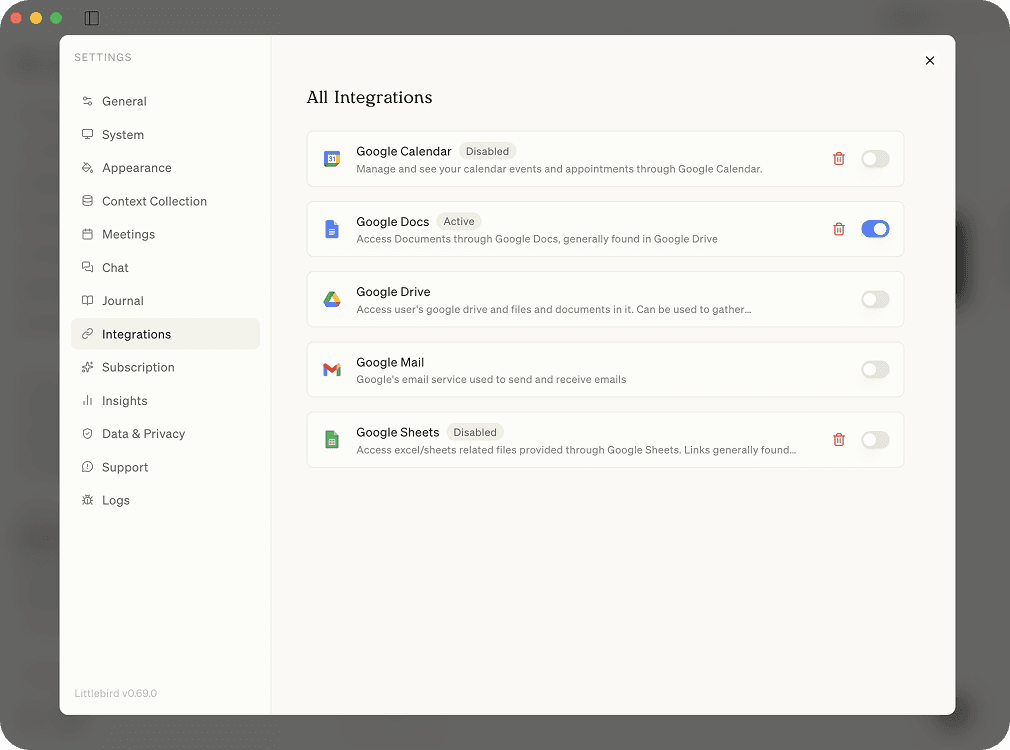 Littlebird integrations settings page 