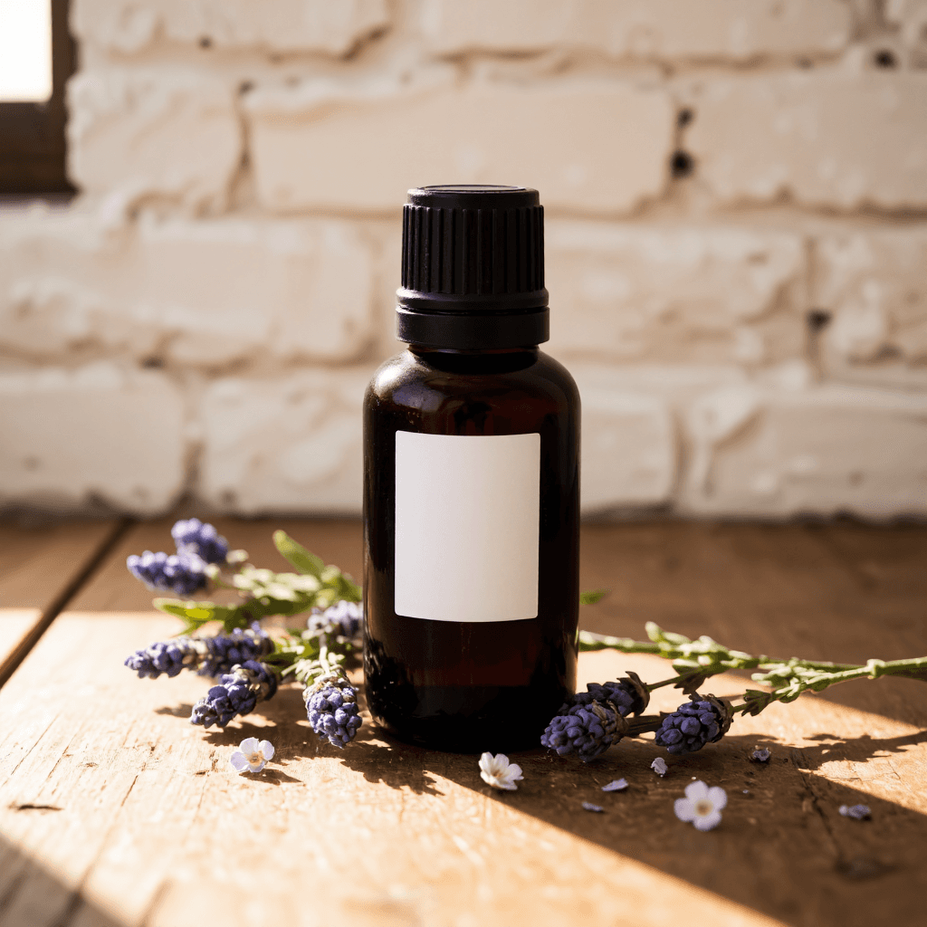 product photography of a bottle of lavender essential oil