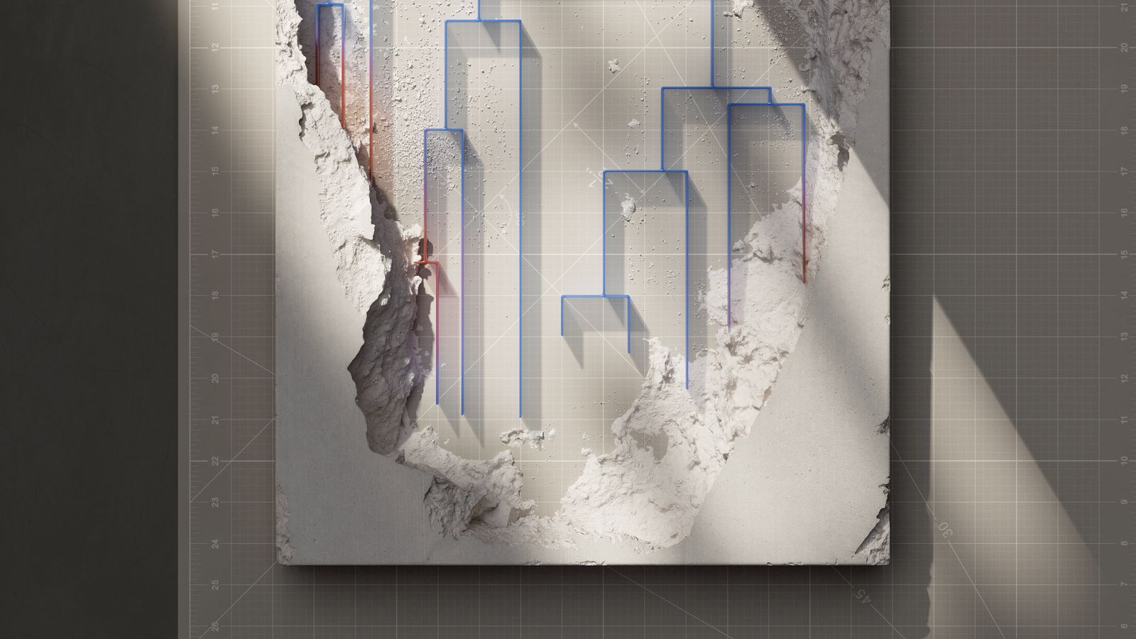 Abstract rendering of layered structures fracturing to reveal the complexity beneath the surface