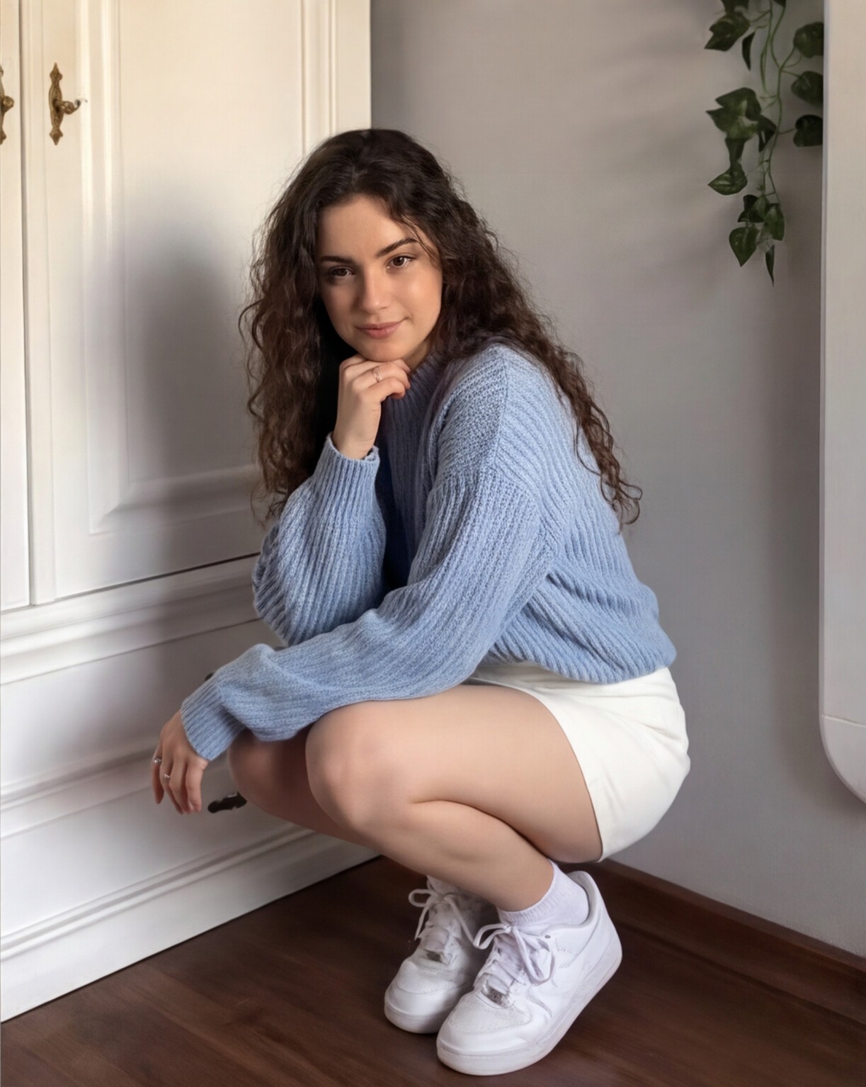 Blue Ribbed Crop Top with White Mini Skirt