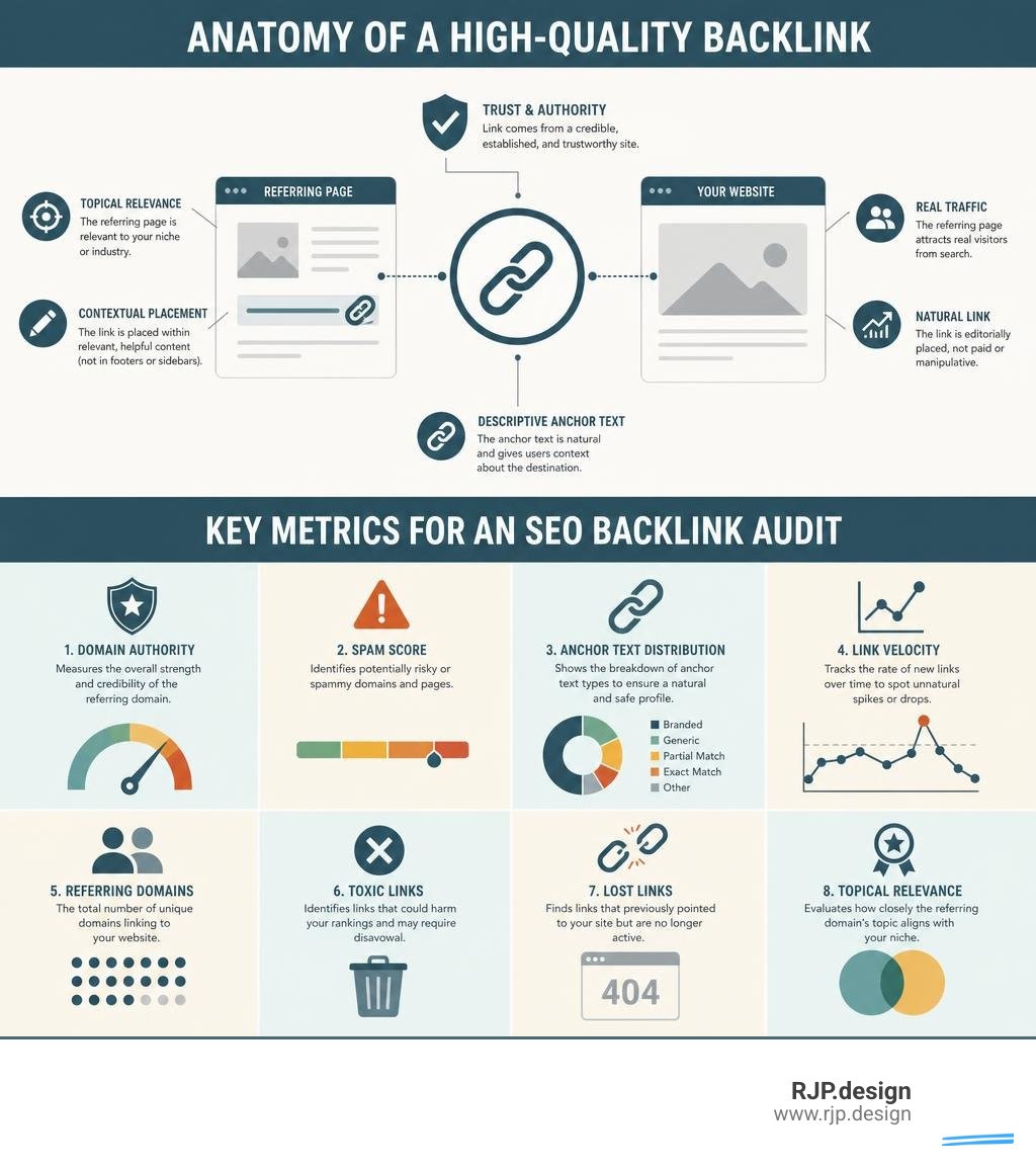 Anatomy of a high-quality backlink and key metrics for an SEO backlink audit infographic