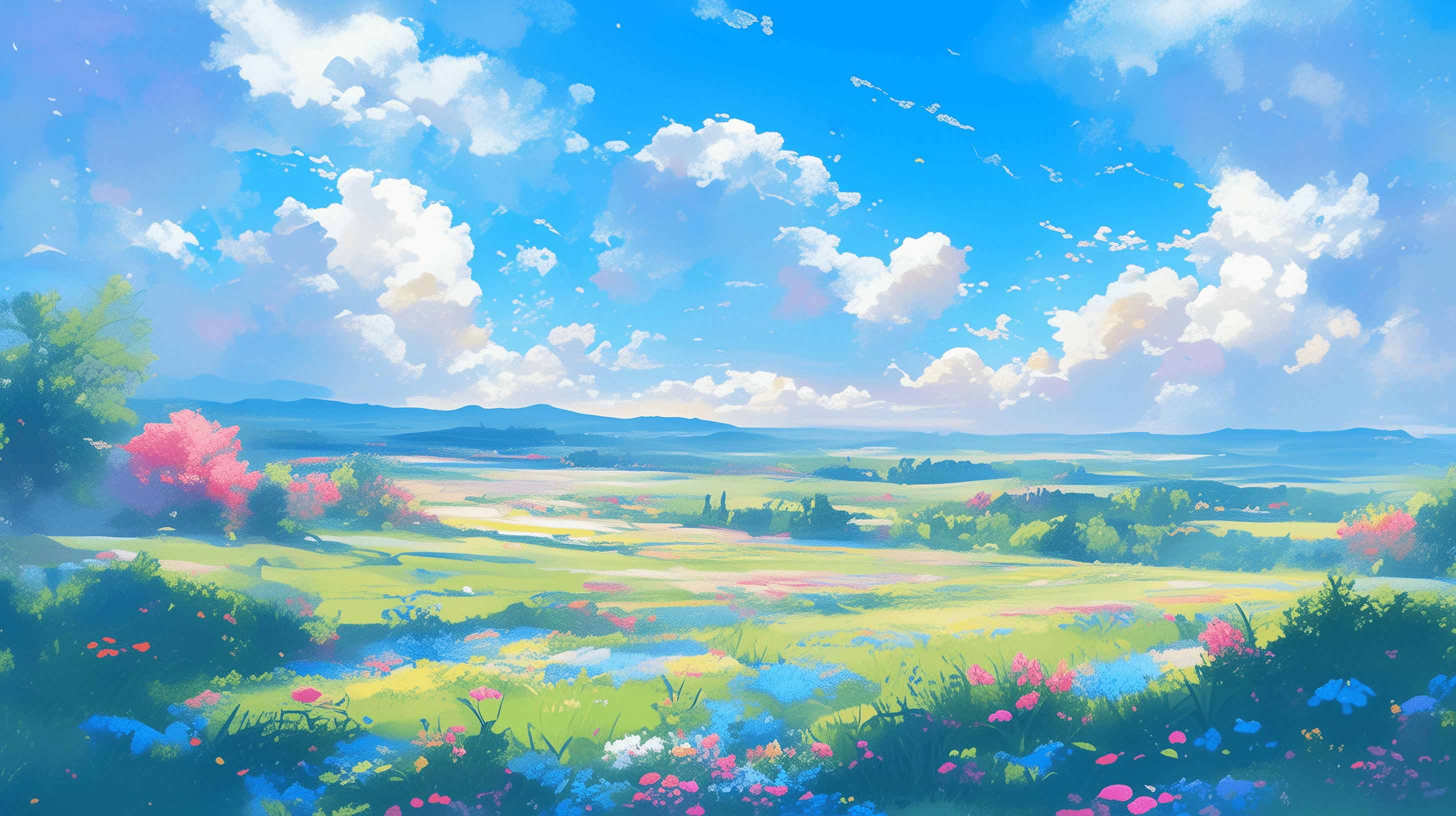 Grass land with flowers, sky and tree image