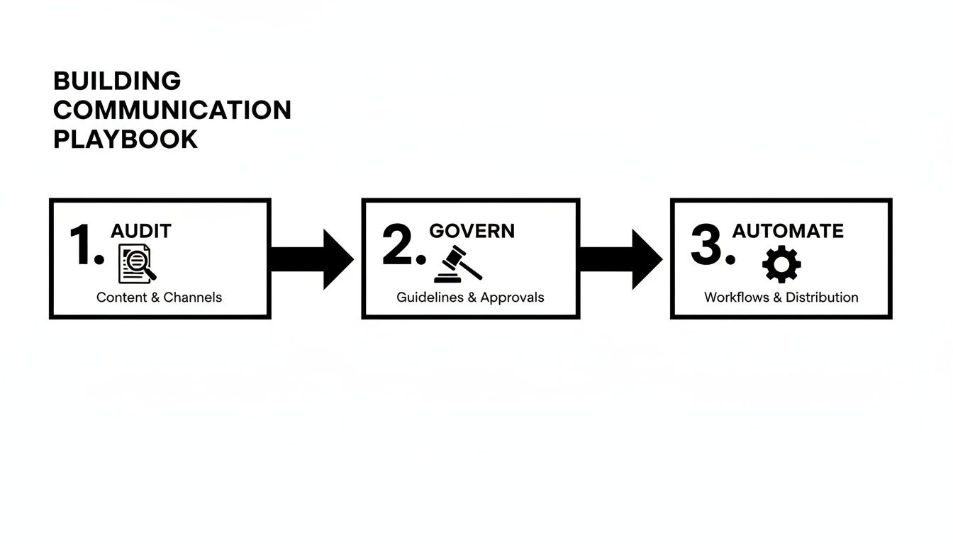 Diagram illustrating a three-step communication playbook: Audit content, Govern approvals, and Automate workflows.